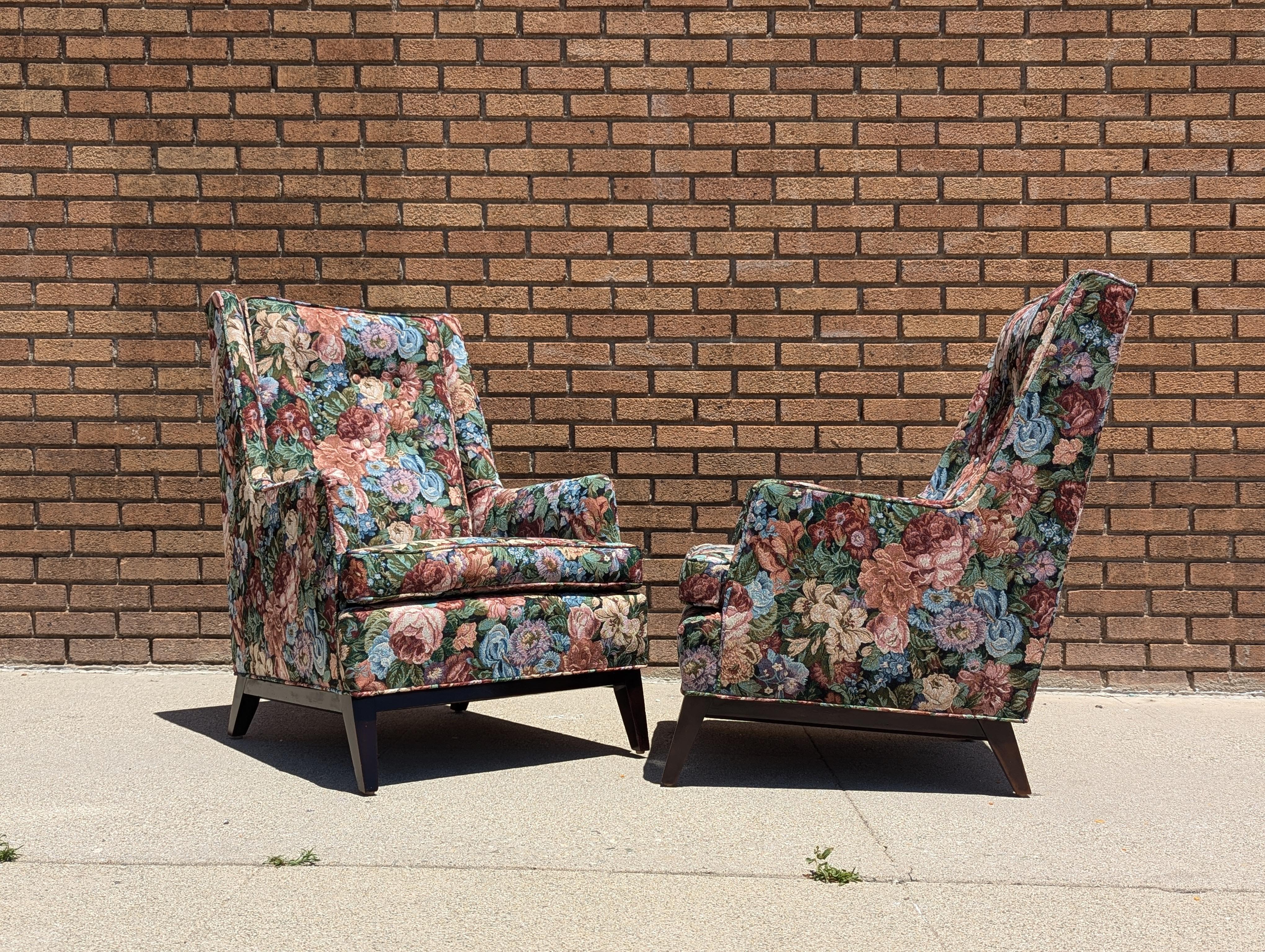 Pair of Mid Century Modern Floral Arm Lounge Chairs, c1960s 3