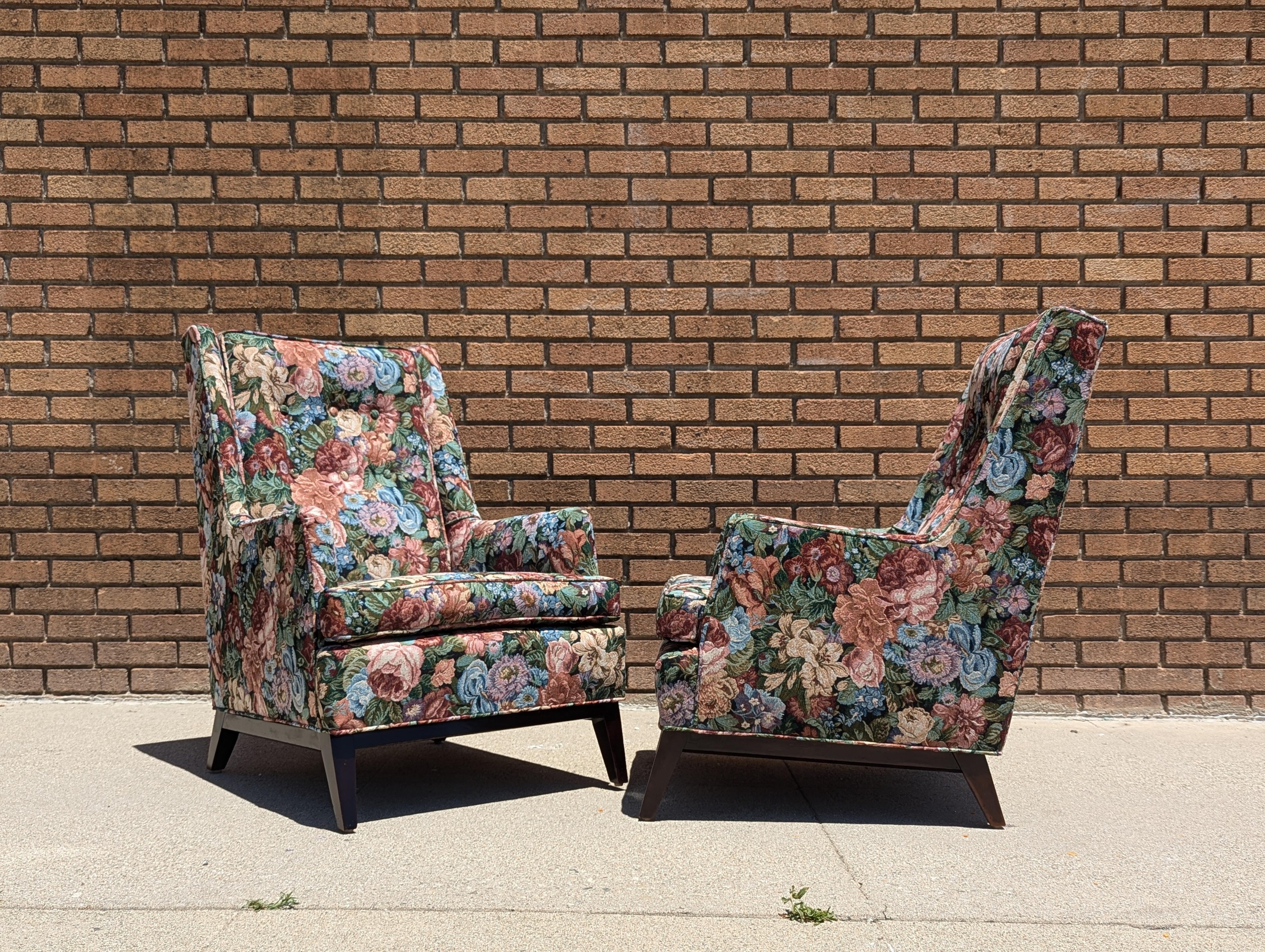 Pair of Mid Century Modern Floral Arm Lounge Chairs, c1960s 4