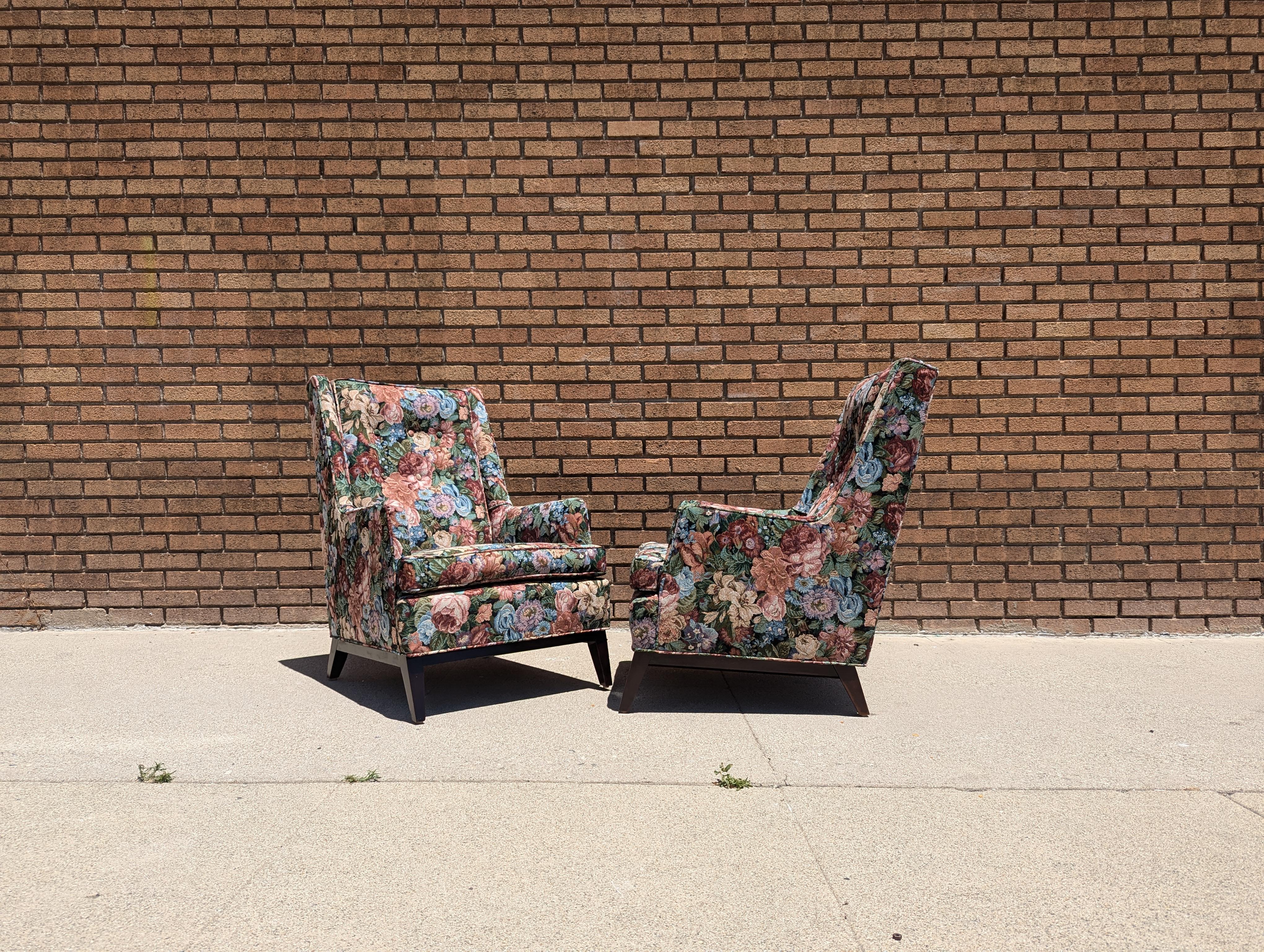 Pair of Mid Century Modern Floral Arm Lounge Chairs, c1960s 5