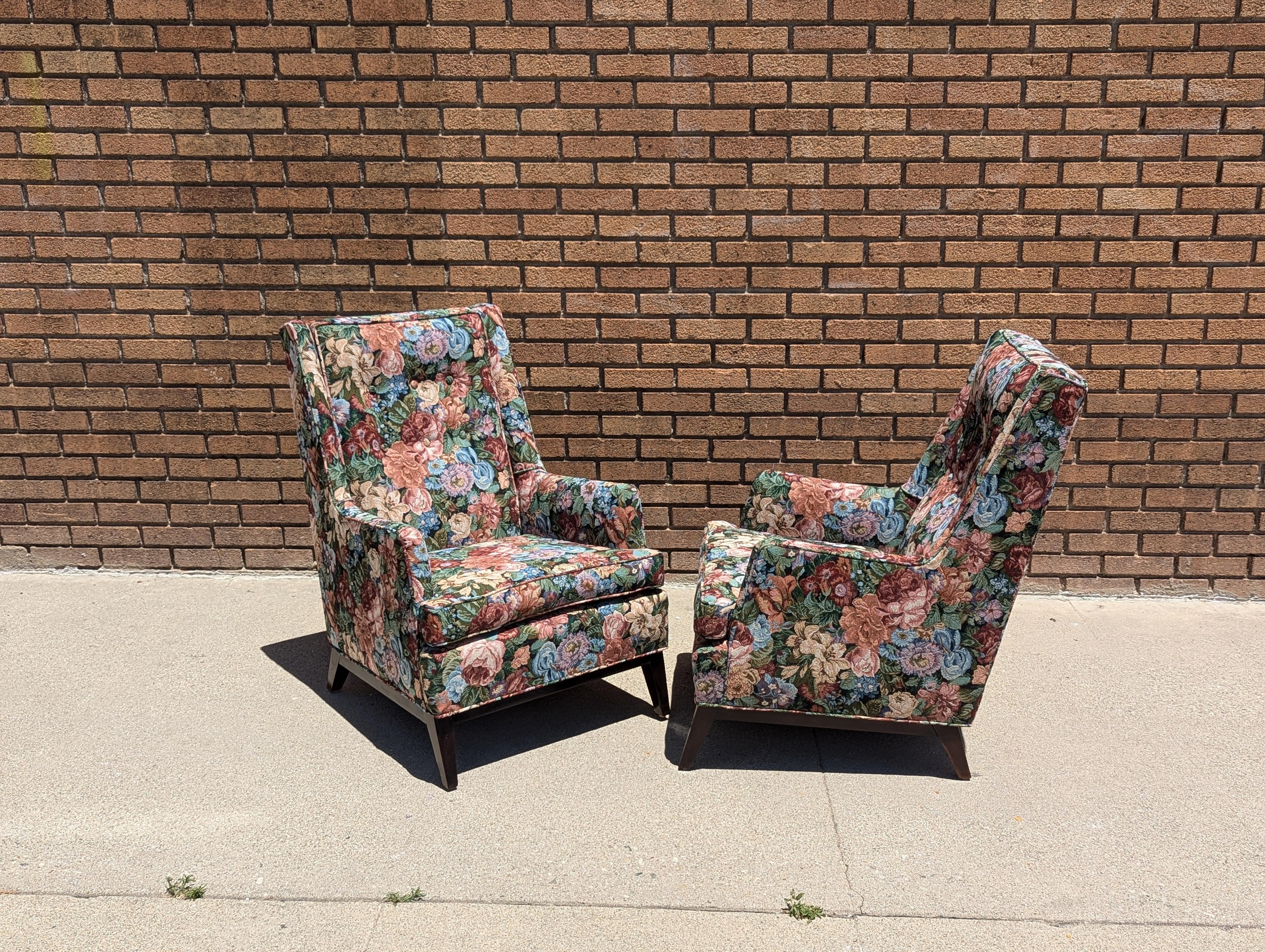 Pair of Mid Century Modern Floral Arm Lounge Chairs, c1960s 2