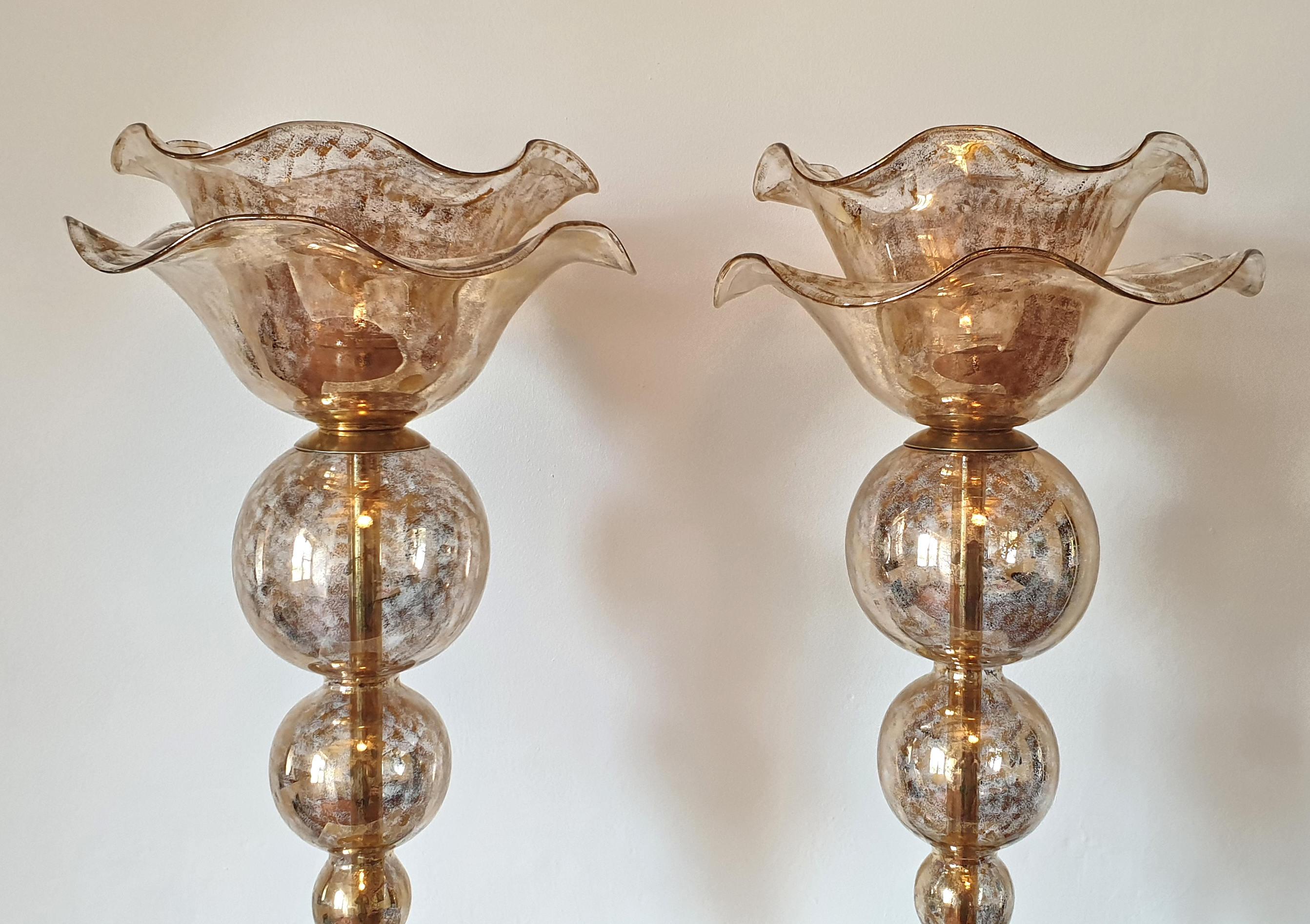 Italian Two Large Mid-Century Modern Murano Glass Lotus Table Lamps Attributed to Seguso