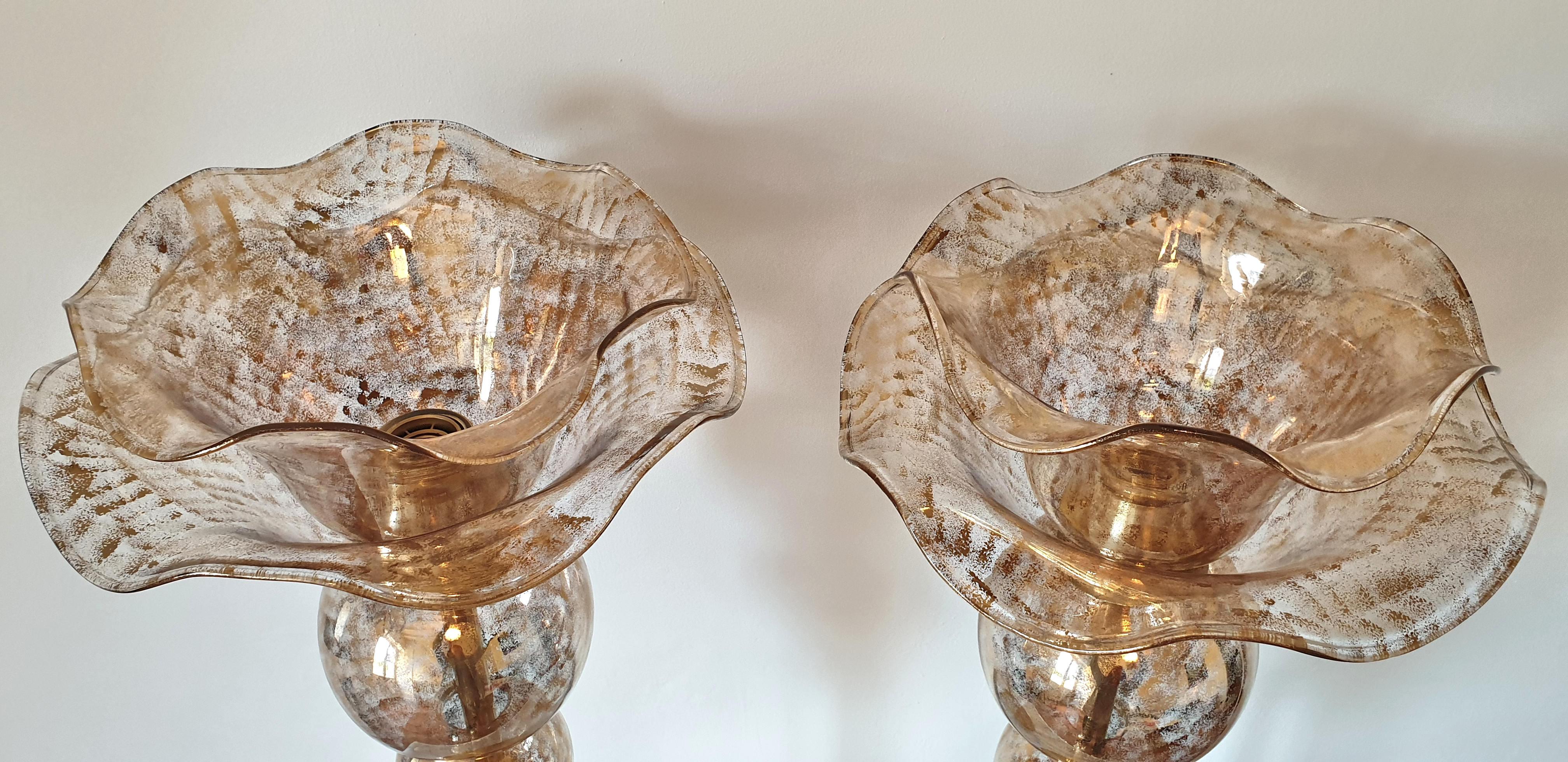 Mid-20th Century Two Large Mid-Century Modern Murano Glass Lotus Table Lamps Attributed to Seguso