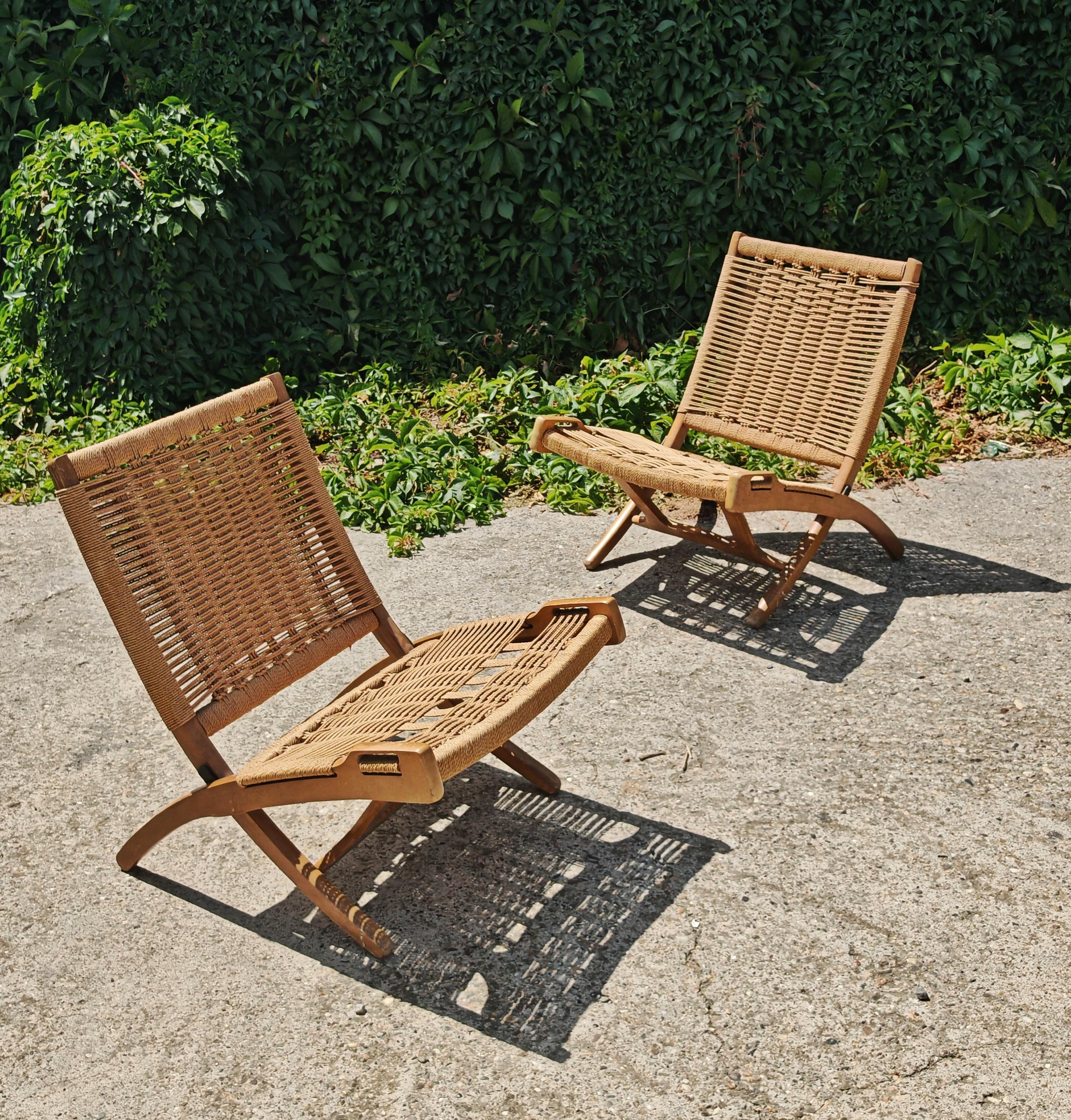 Mid-Century moderno Coppia di sedie Foldes di Ebert Wels, in faggio e corda di carta, della metà del secolo scorso in vendita