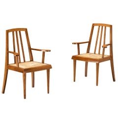 Coppia di poltrone francesi moderne di metà secolo in legno caldo e giunco