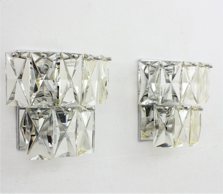 Polished Pair of Crystal Wall Lights, Baccarat Style For Sale