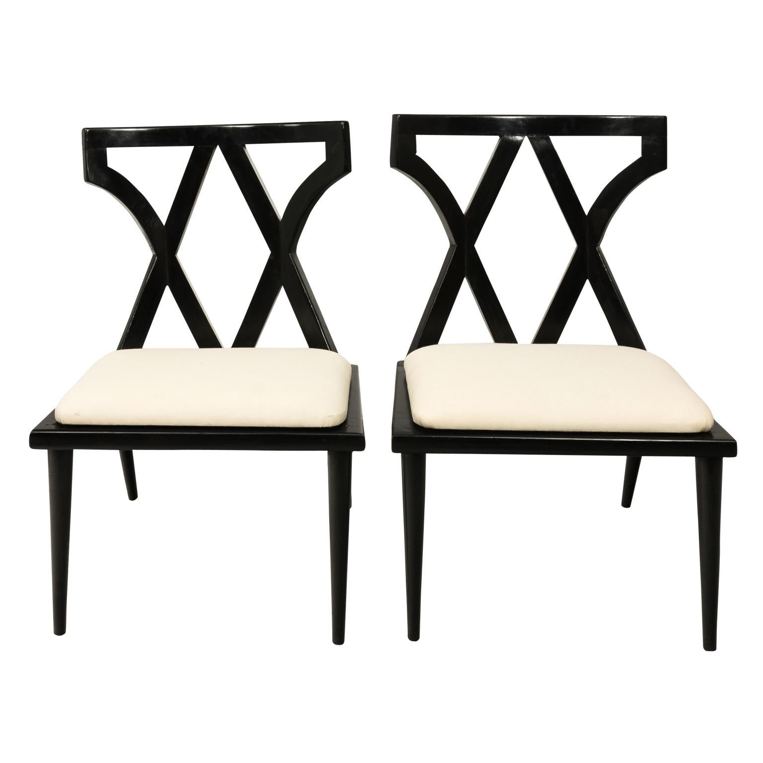 Pair of Mid-Century Modern French Black Lacquered Side Chairs, circa 1960s
