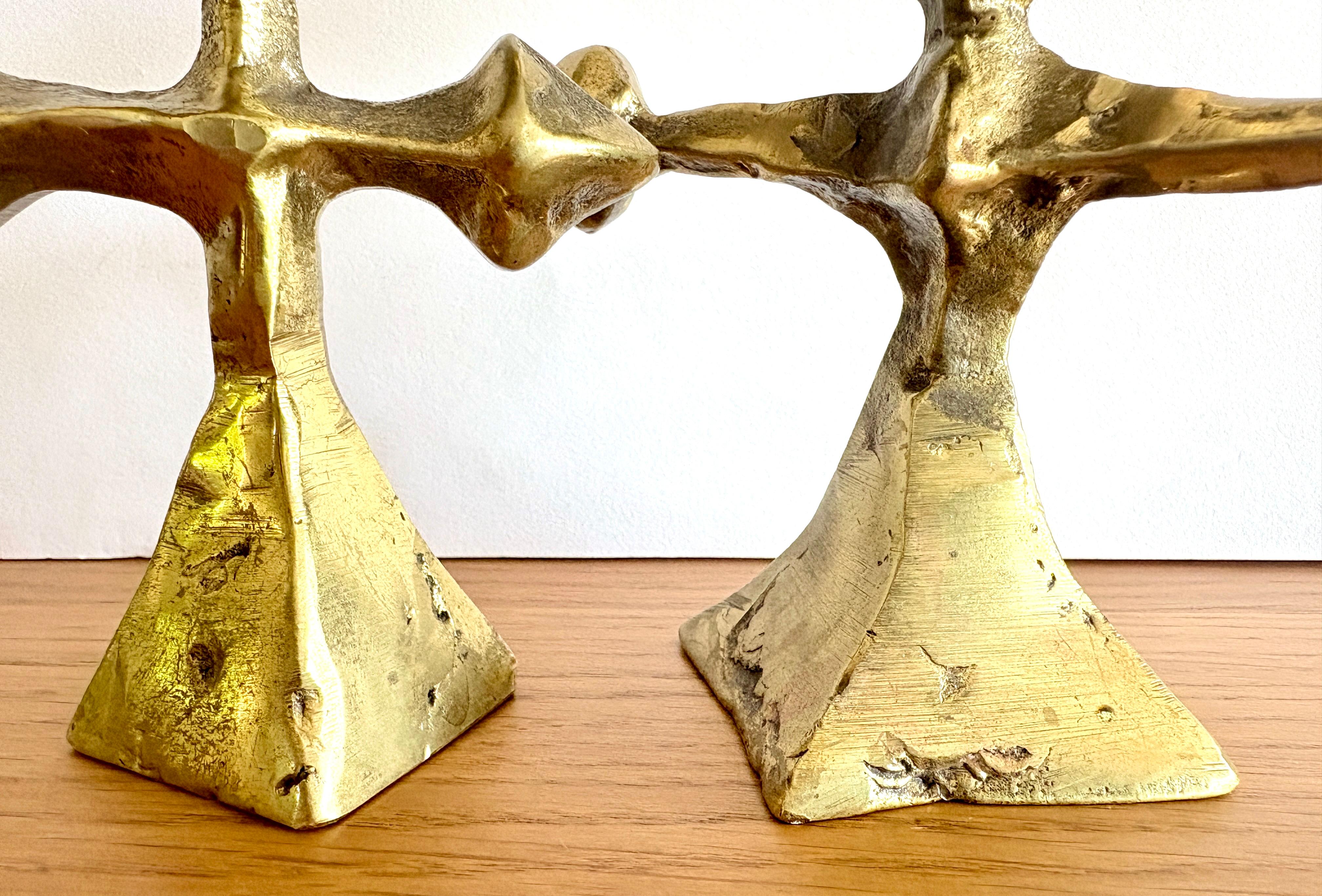 Pair of Mid-Century Modern French Brutalist Candle Holders in Bronze For Sale 4