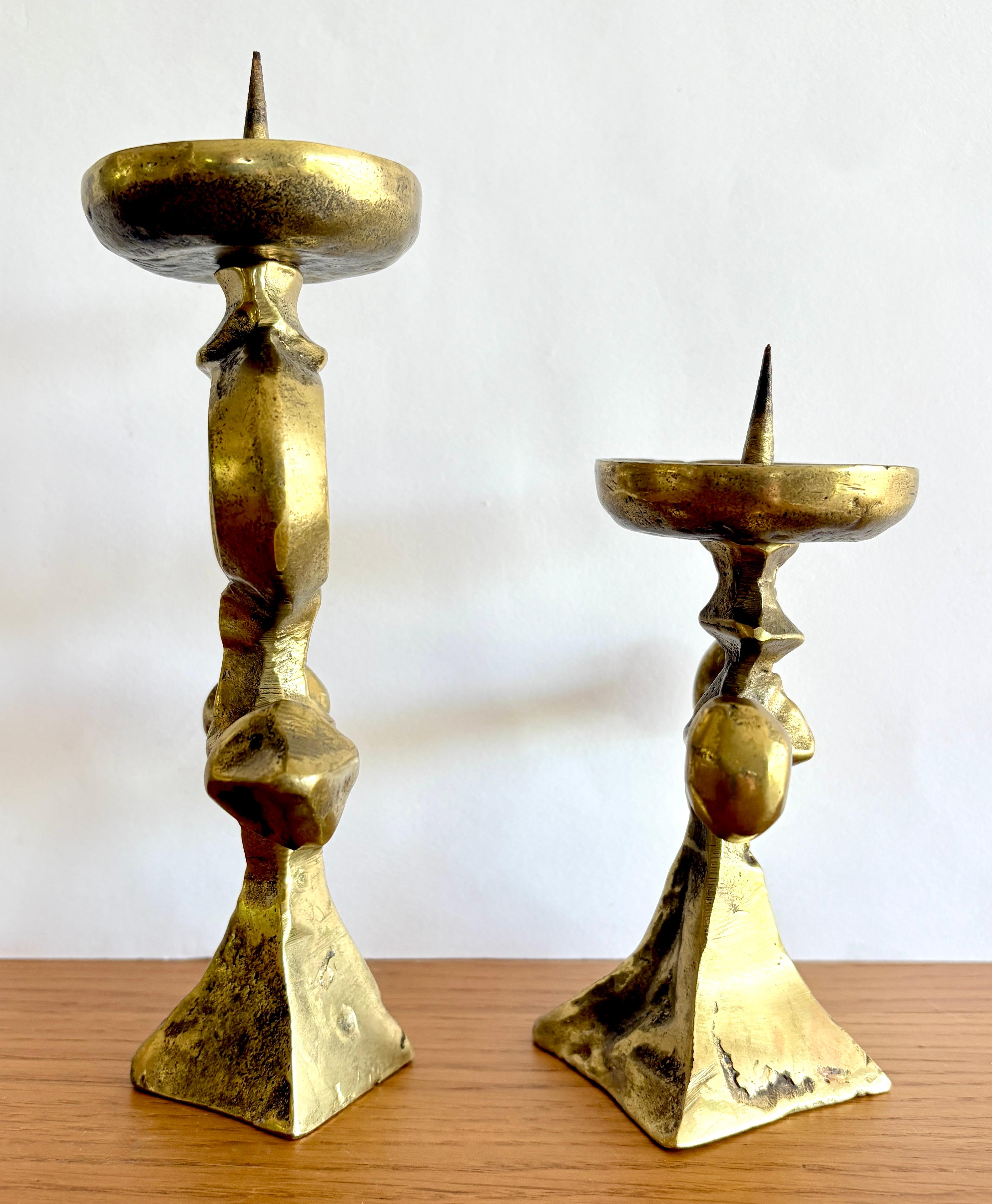 European Pair of Mid-Century Modern French Brutalist Candle Holders in Bronze For Sale