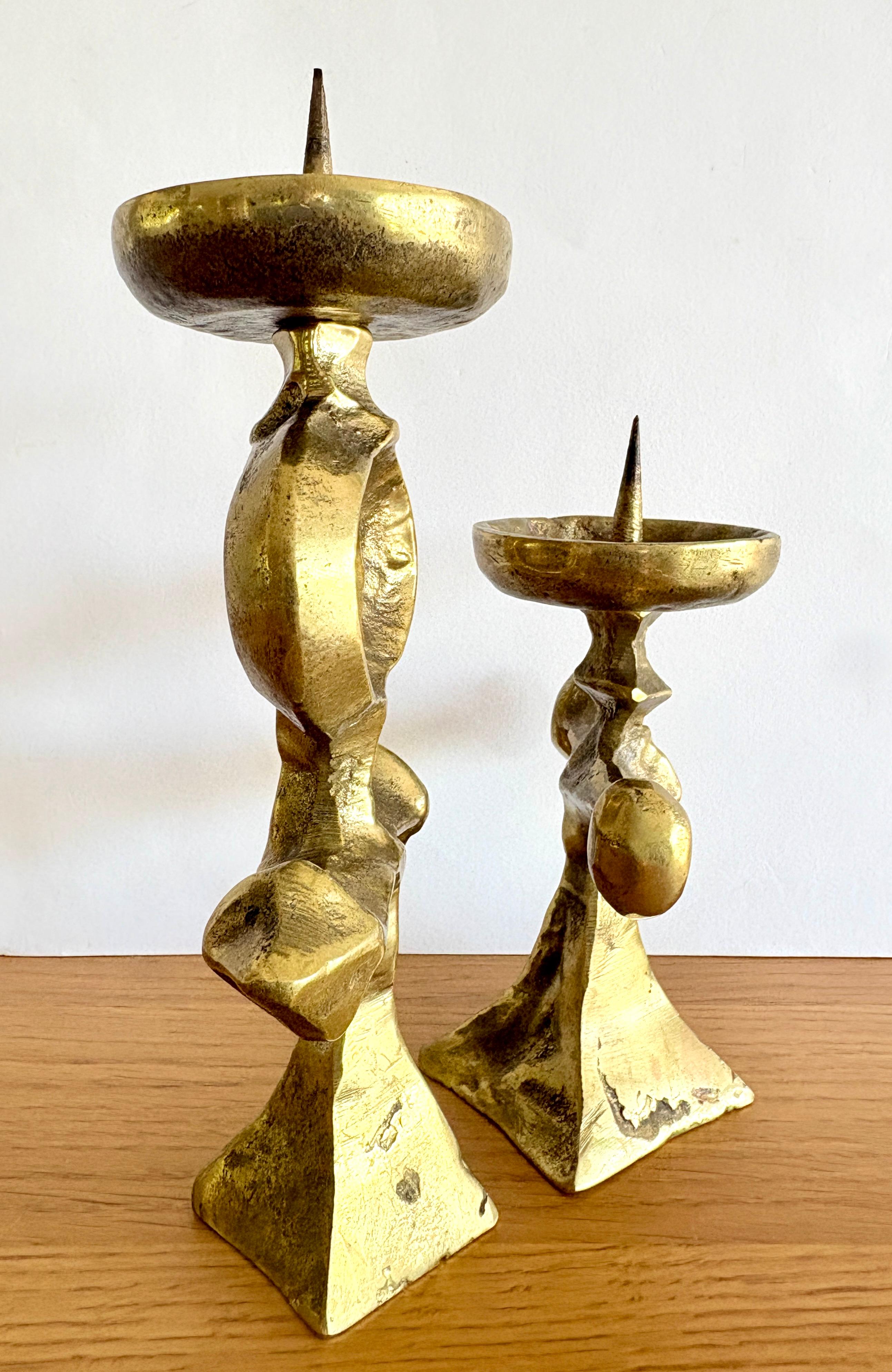 Pair of Mid-Century Modern French Brutalist Candle Holders in Bronze For Sale 1