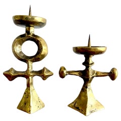 Vintage Pair of Mid-Century Modern French Brutalist Candle Holders in Bronze