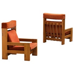 Pareja de tumbonas francesas modernas de mediados de siglo en olmo macizo