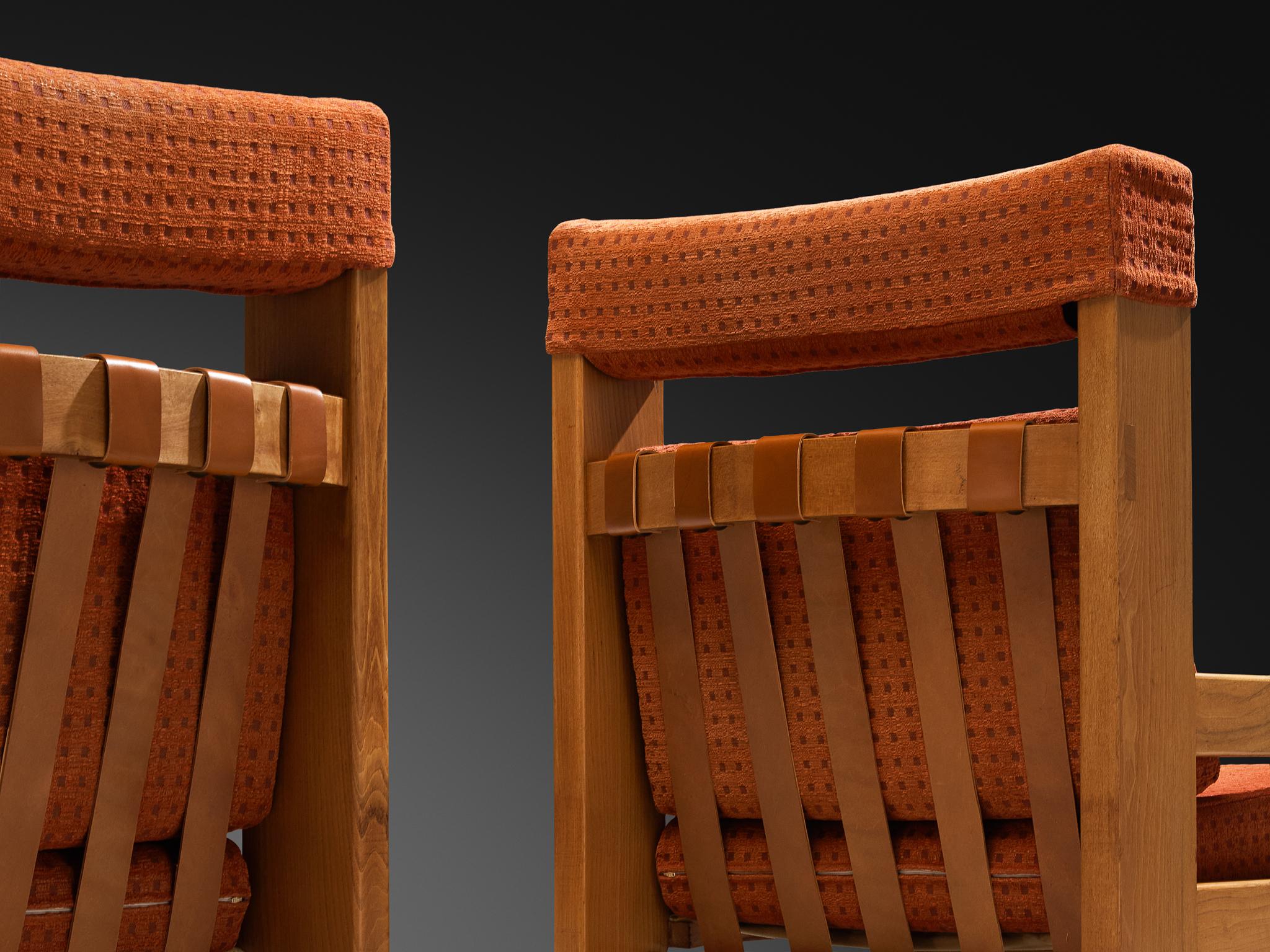 Tissu Paire de chaises longues et d'ottomans en orme massif de style français du milieu du siècle dernier en vente