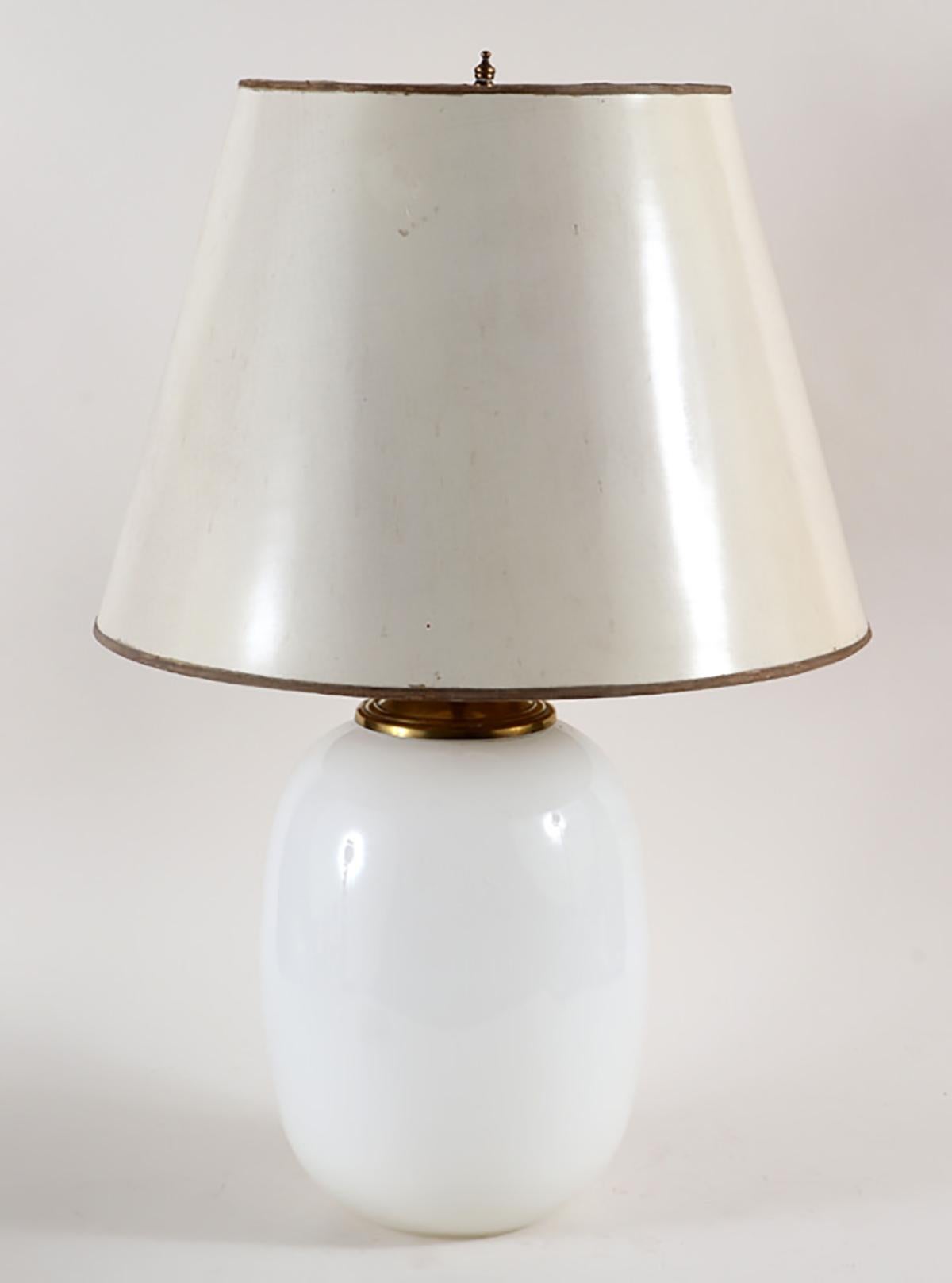 Pair of Mid-Century Modern French opaline glass lamps.