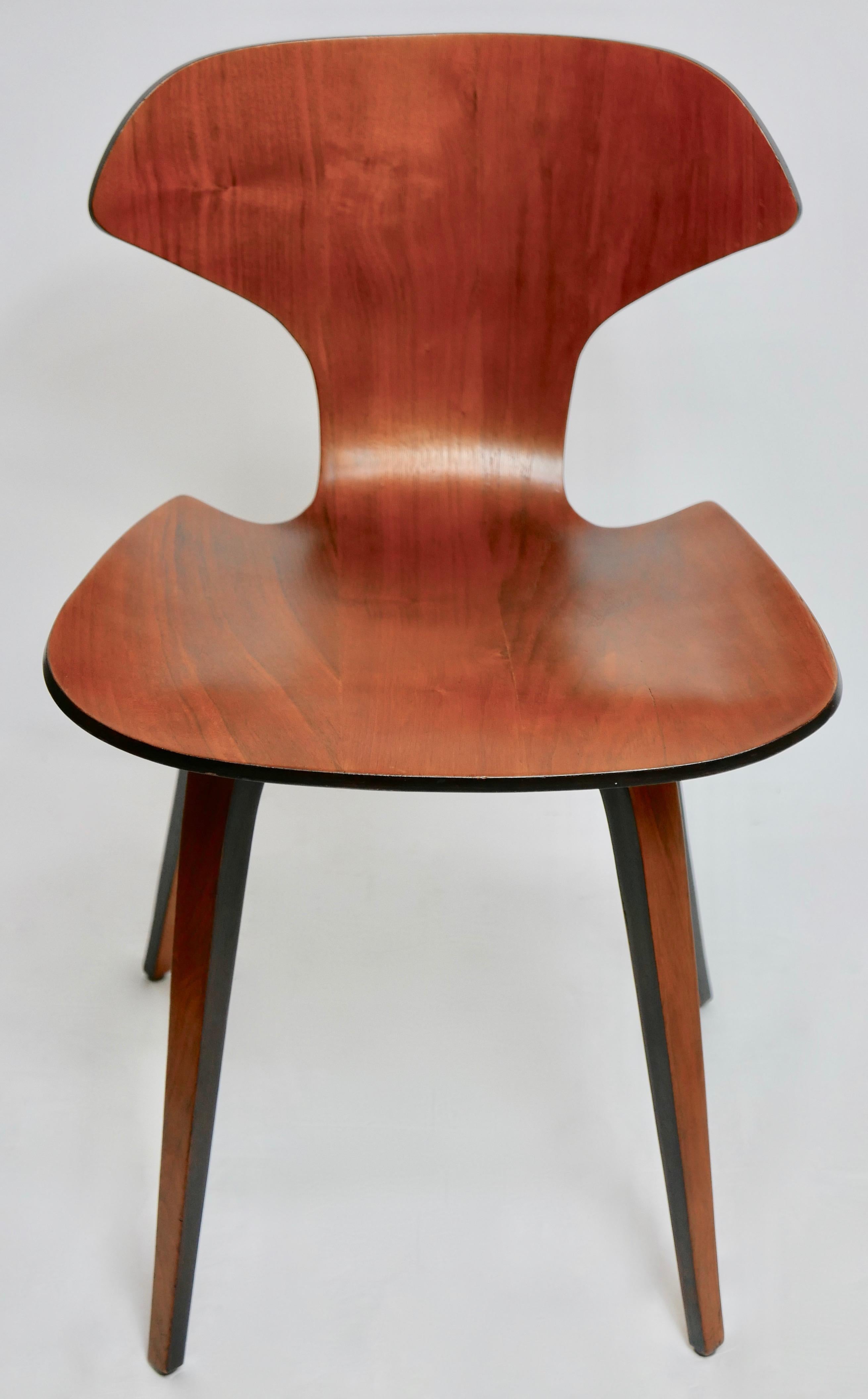 Good looking and unusual pair of Mid-Century Modern walnut plywood side chairs designed by George Mulhauser and manufactured by Plycraft of Lawrence, Mass. 
These chairs have been newly refinished and are in very good vintage condition.
American,