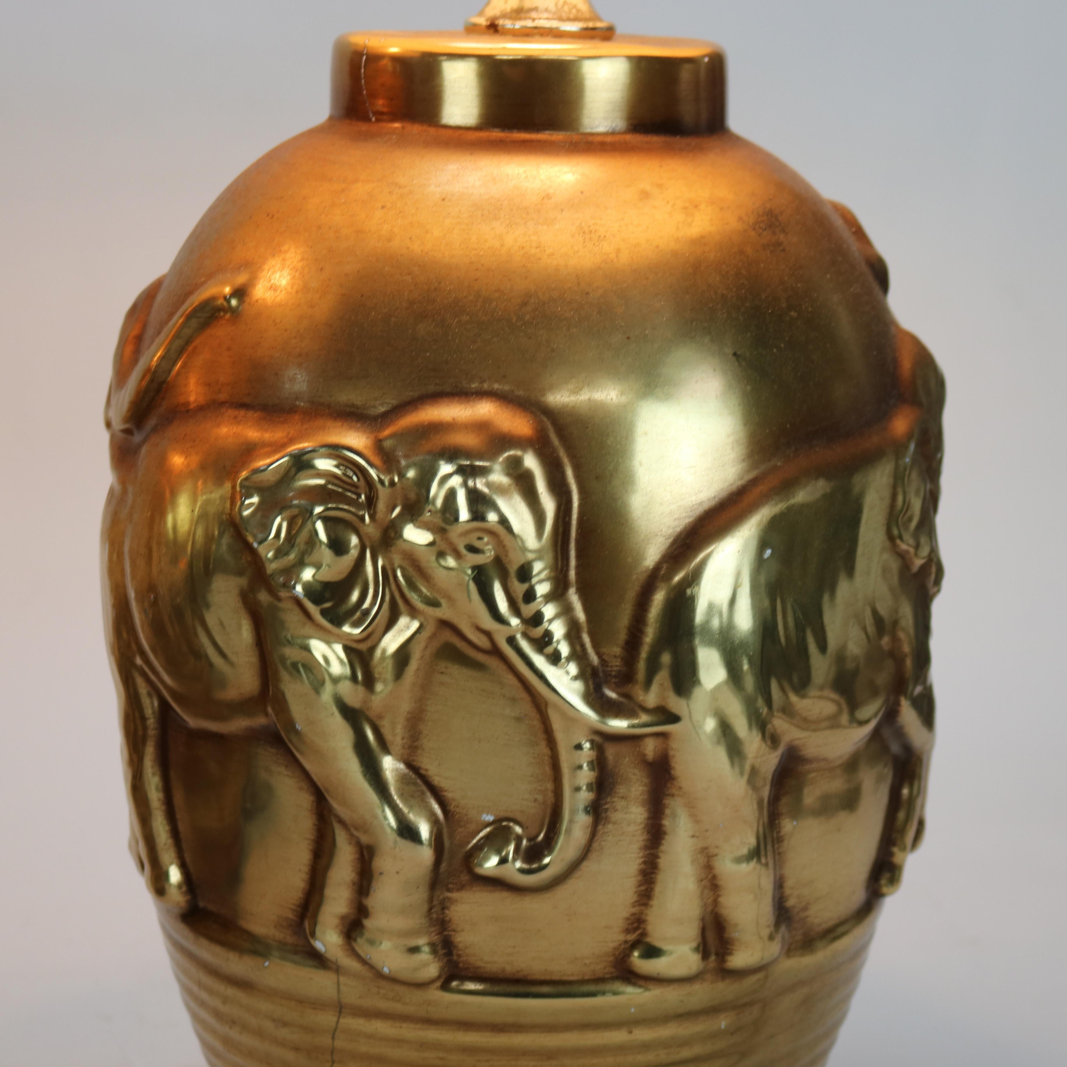 Pair of Mid Century Modern Gilt & Embossed Figural Elephant Pottery Lamps C1950 4