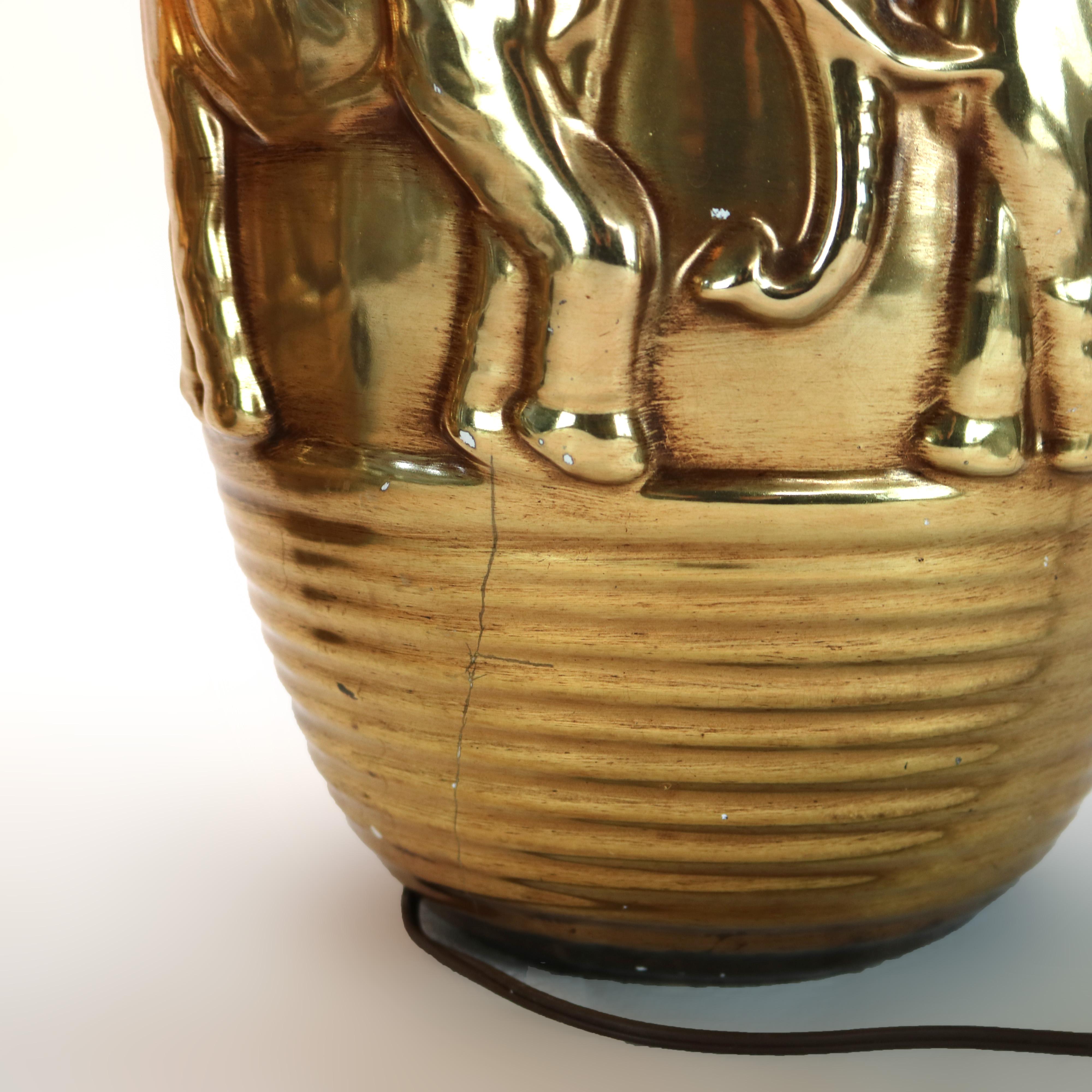 Pair of Mid Century Modern Gilt & Embossed Figural Elephant Pottery Lamps C1950 5