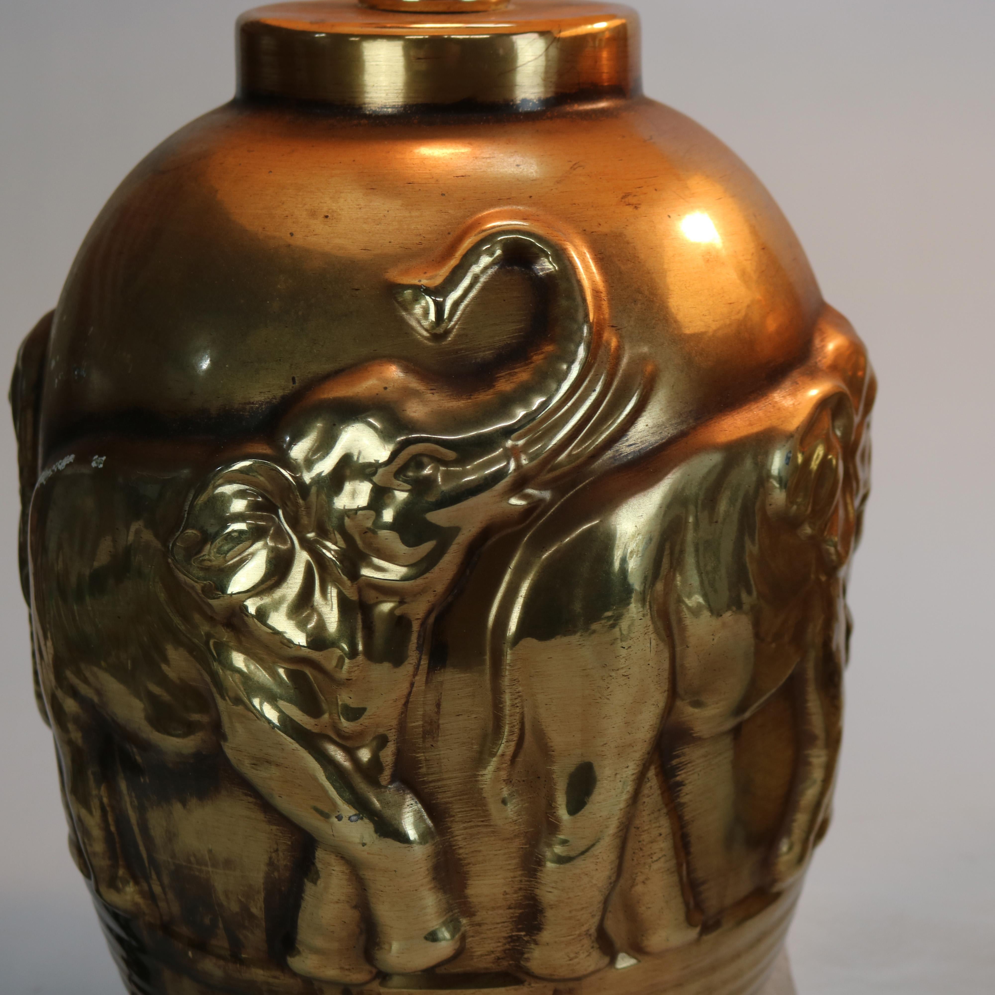 American Pair of Mid Century Modern Gilt & Embossed Figural Elephant Pottery Lamps C1950