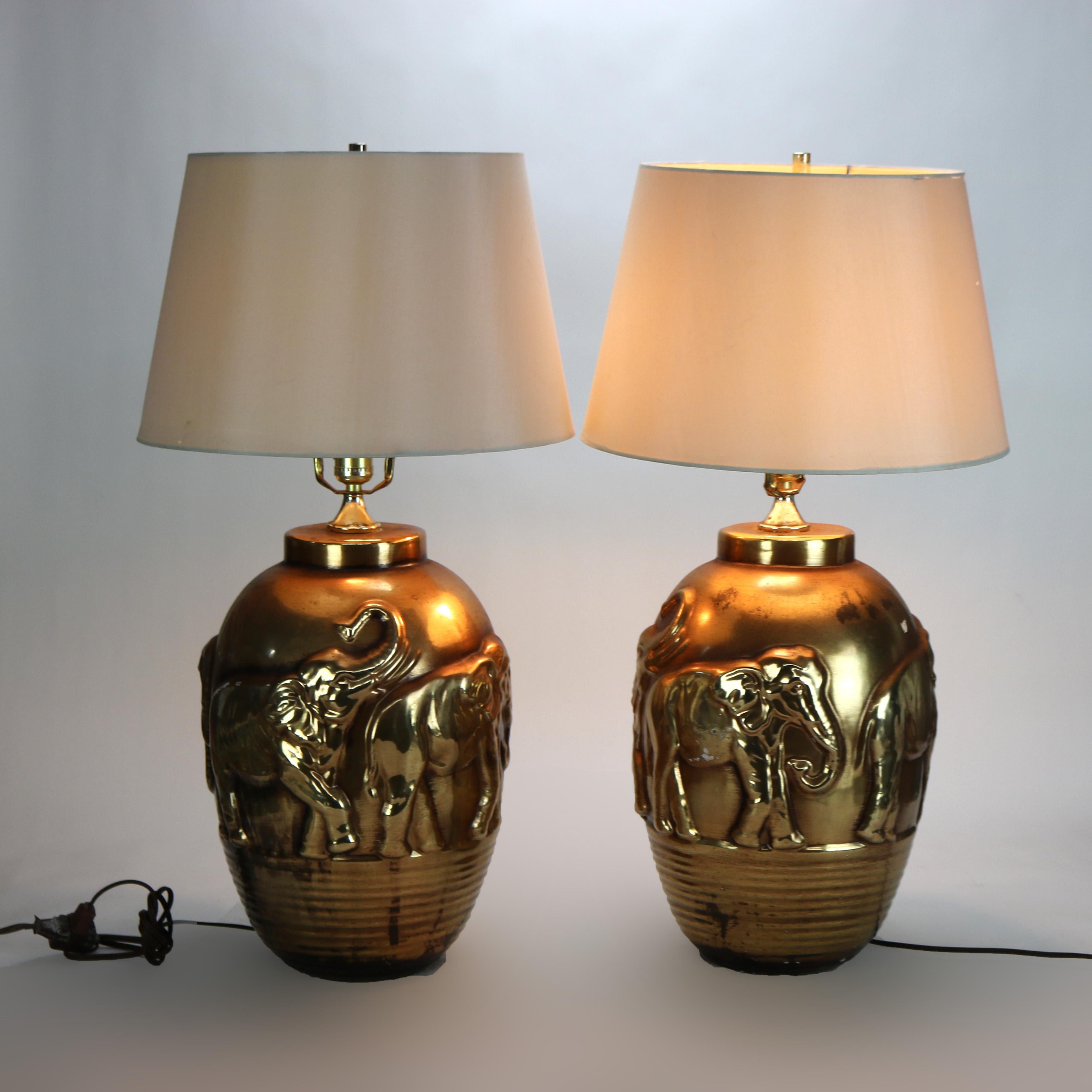 Pair of Mid Century Modern Gilt & Embossed Figural Elephant Pottery Lamps C1950 In Good Condition In Big Flats, NY