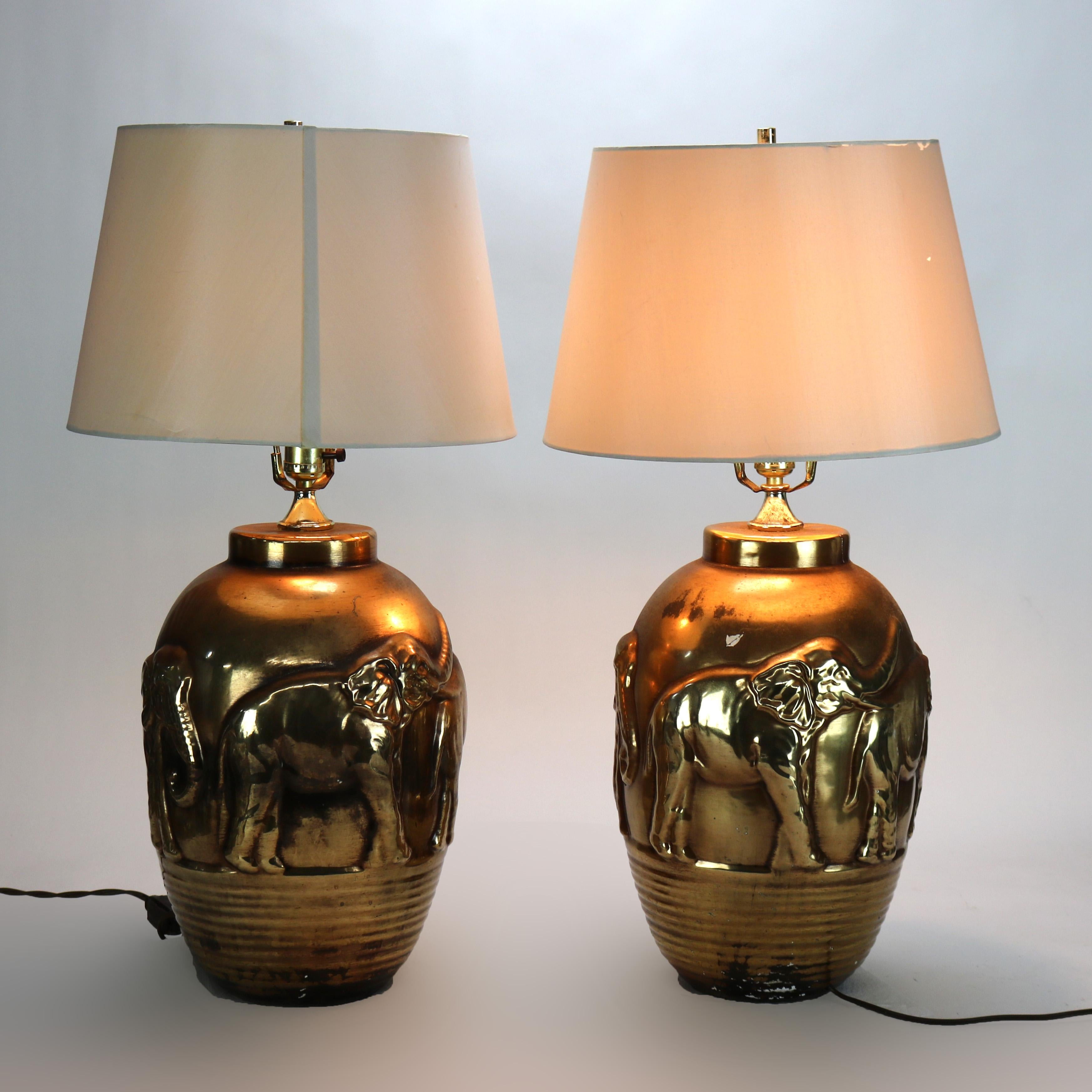 Pair of Mid Century Modern Gilt & Embossed Figural Elephant Pottery Lamps C1950 2