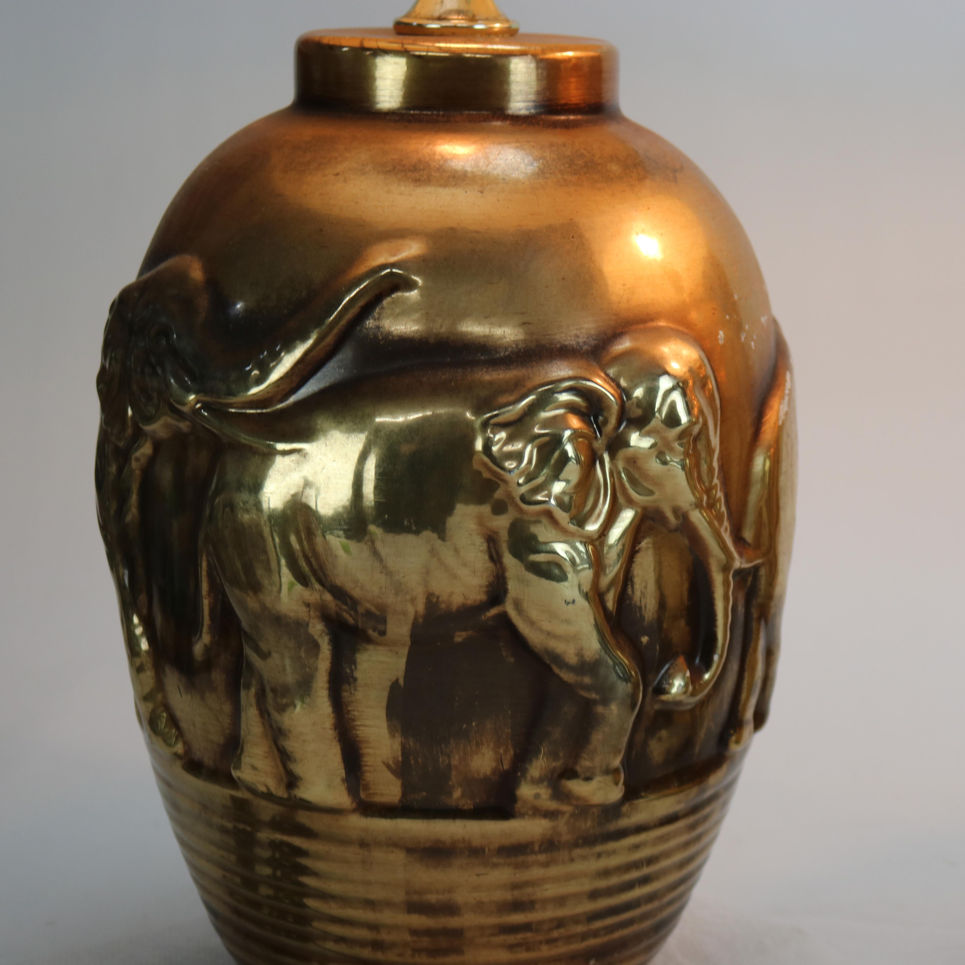 Pair of Mid Century Modern Gilt & Embossed Figural Elephant Pottery Lamps C1950 3