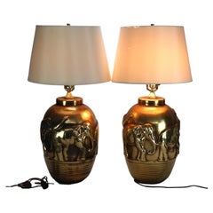 Vintage Pair of Mid Century Modern Gilt & Embossed Figural Elephant Pottery Lamps C1950