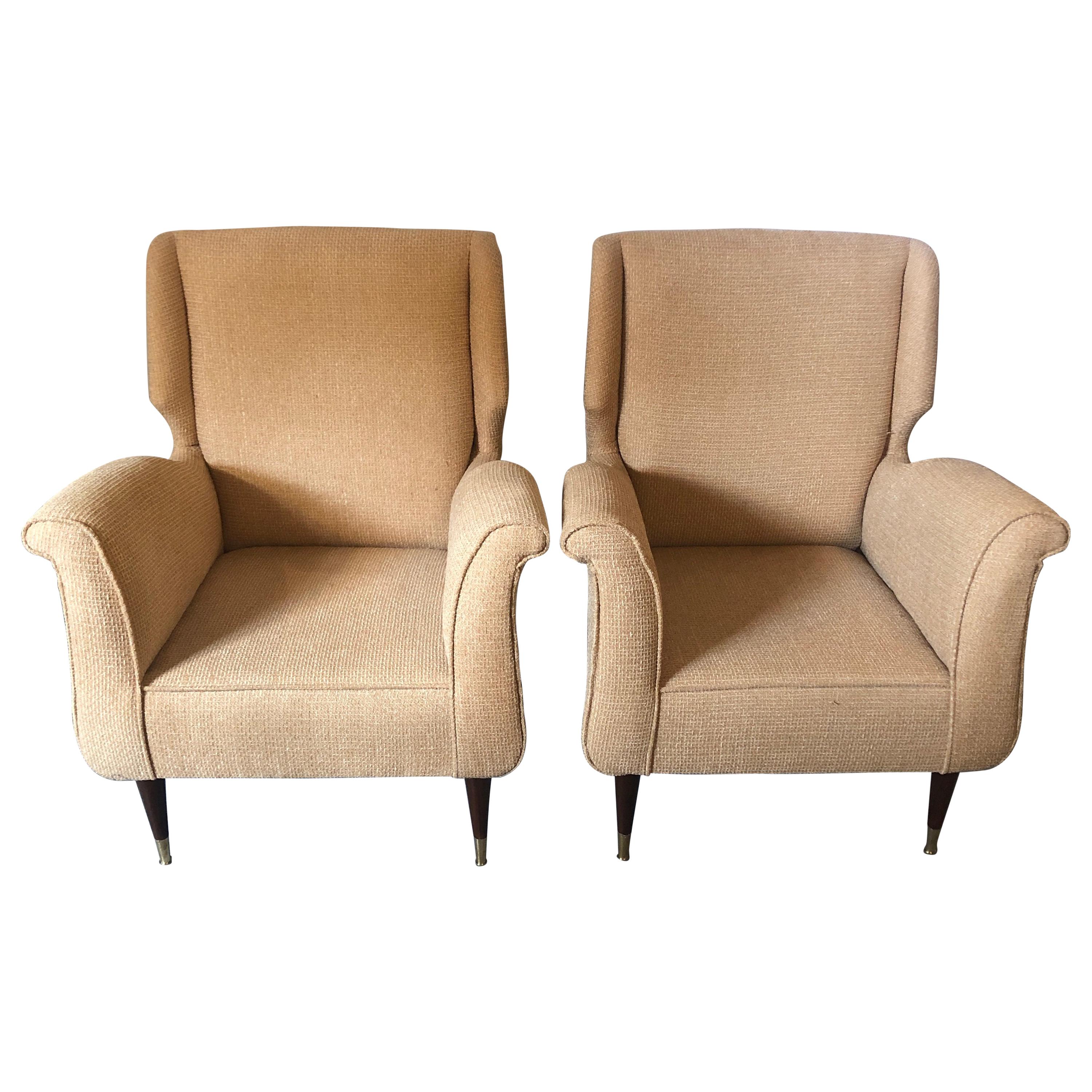 Pair of Mid-Century Modern Gio Ponti Style Arm, Bergere or Wing Back Chairs