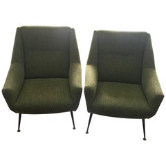 Pair of Mid-Century Modern Gio Ponti Style Green Armchairs, Italy, circa 1950 Pair of Mid-Century Modern Gio Ponti Style Green Armchairs, Italy, circa 1950