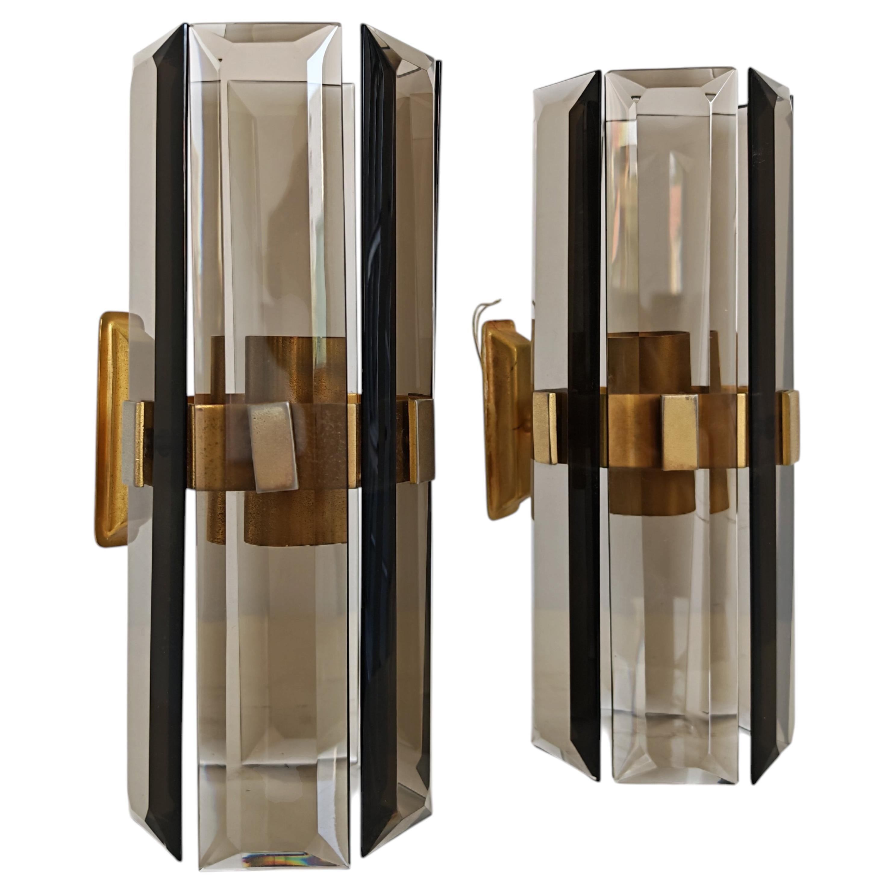 Pair of Mid Century Modern Glass and Brass Sconces by Zero Quattro, Italy 1970s