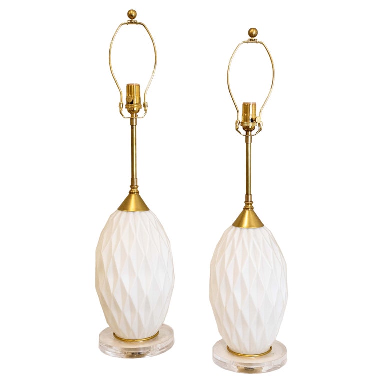 Pair of MidCentury Modern Glass Diamond Cut Lamps Lucite Base and