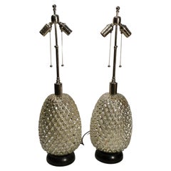 Pair of Mid-Century Modern Glass Pineapple Retro Table Lamps Regency Art Deco