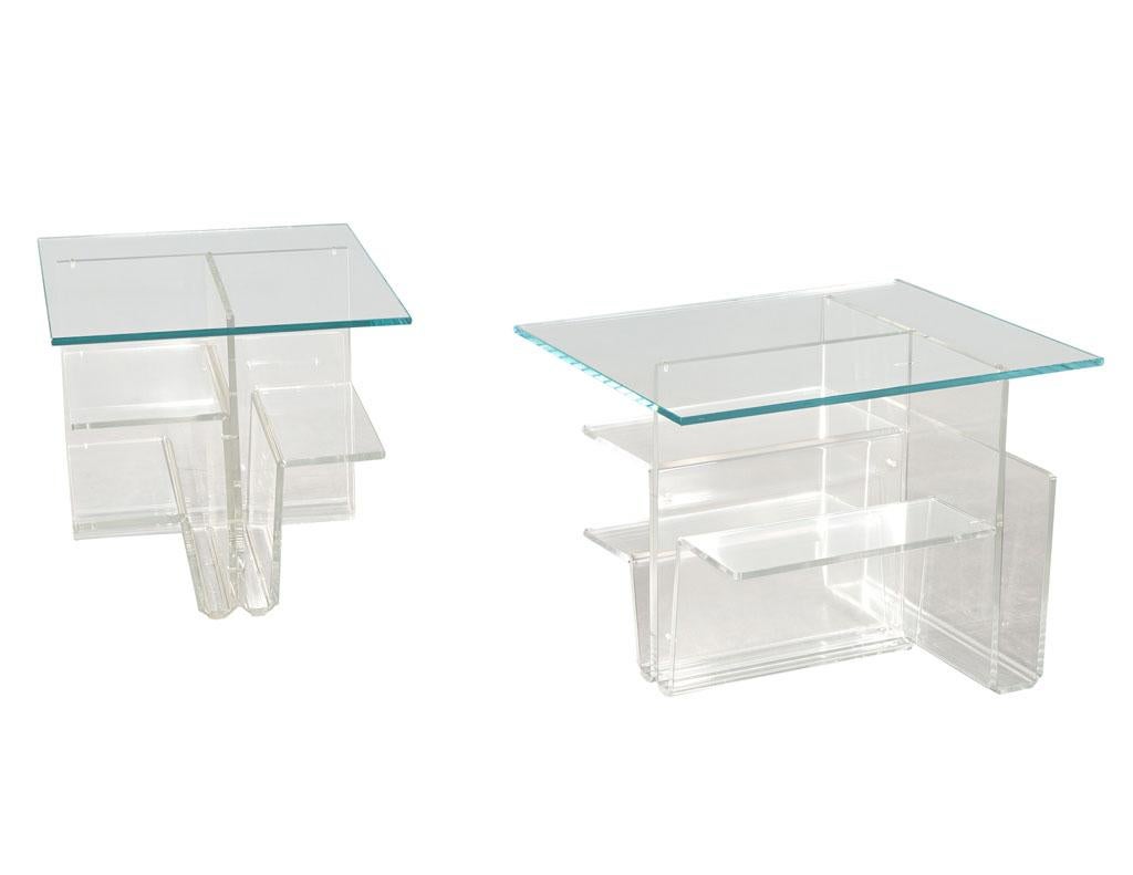Pair of Mid-Century Modern Glass Top Acrylic End Tables Magazine Stands In Good Condition For Sale In North York, ON
