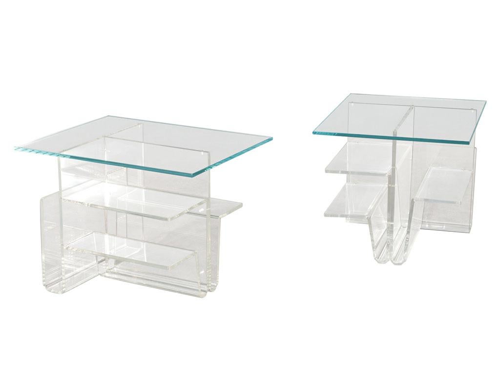 Late 20th Century Pair of Mid-Century Modern Glass Top Acrylic End Tables Magazine Stands For Sale