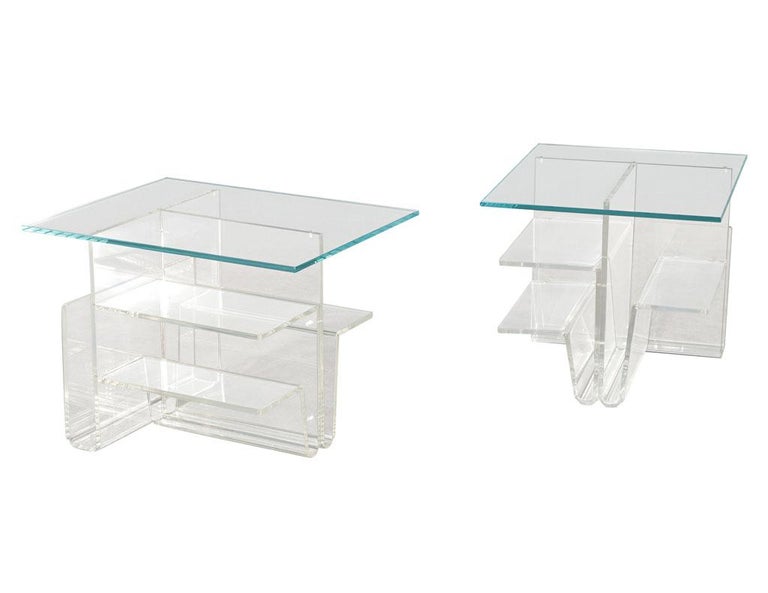 Pair of MidCentury Modern Glass Top Acrylic End Tables Magazine Stands