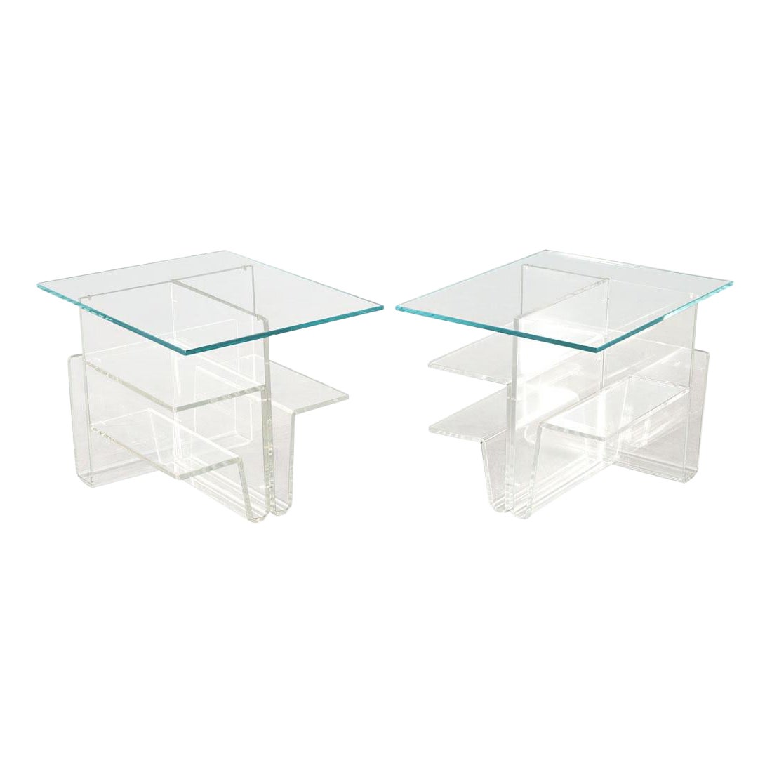 Pair of Mid-Century Modern Glass Top Acrylic End Tables Magazine Stands