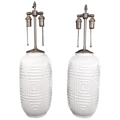 Pair of Mid-Century Modern Glazed and Textured Vases with Lamp Application