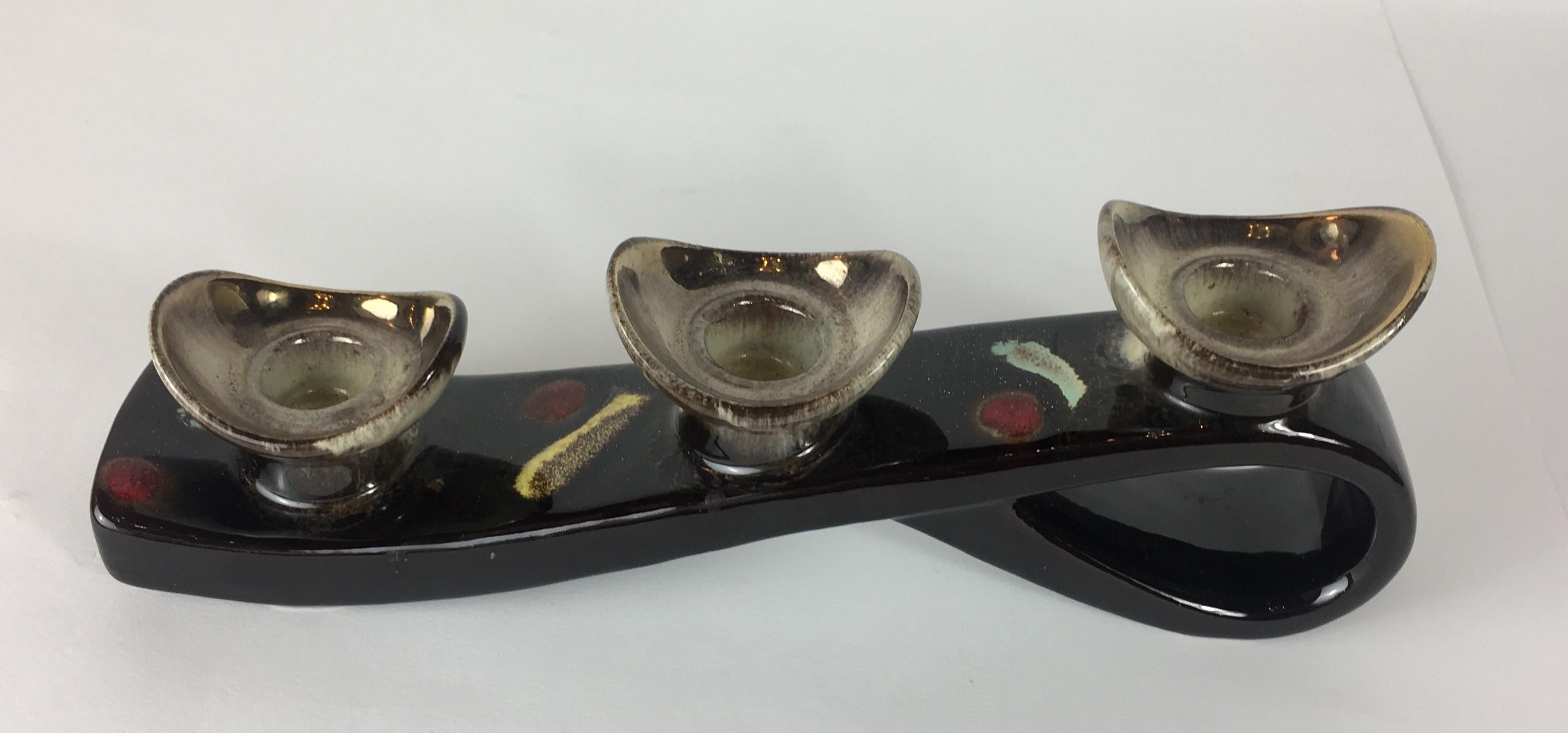 20th Century Pair of Mid-Century Modern Glazed Ceramic Candleholders, Vallauris For Sale