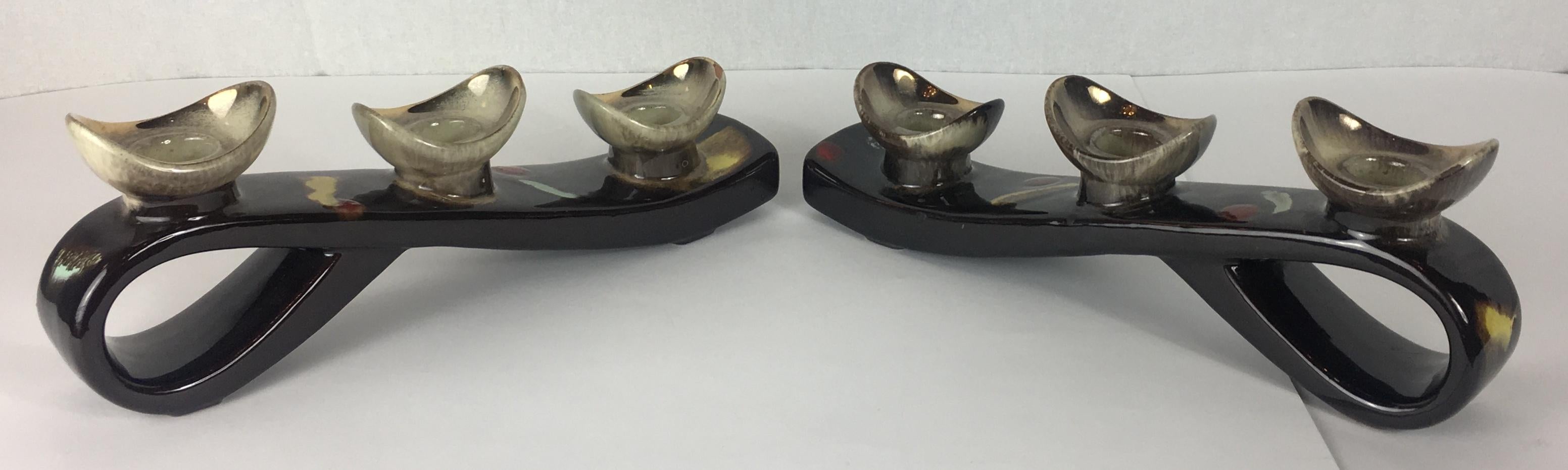 Faience Pair of Mid-Century Modern Glazed Ceramic Candleholders, Vallauris For Sale