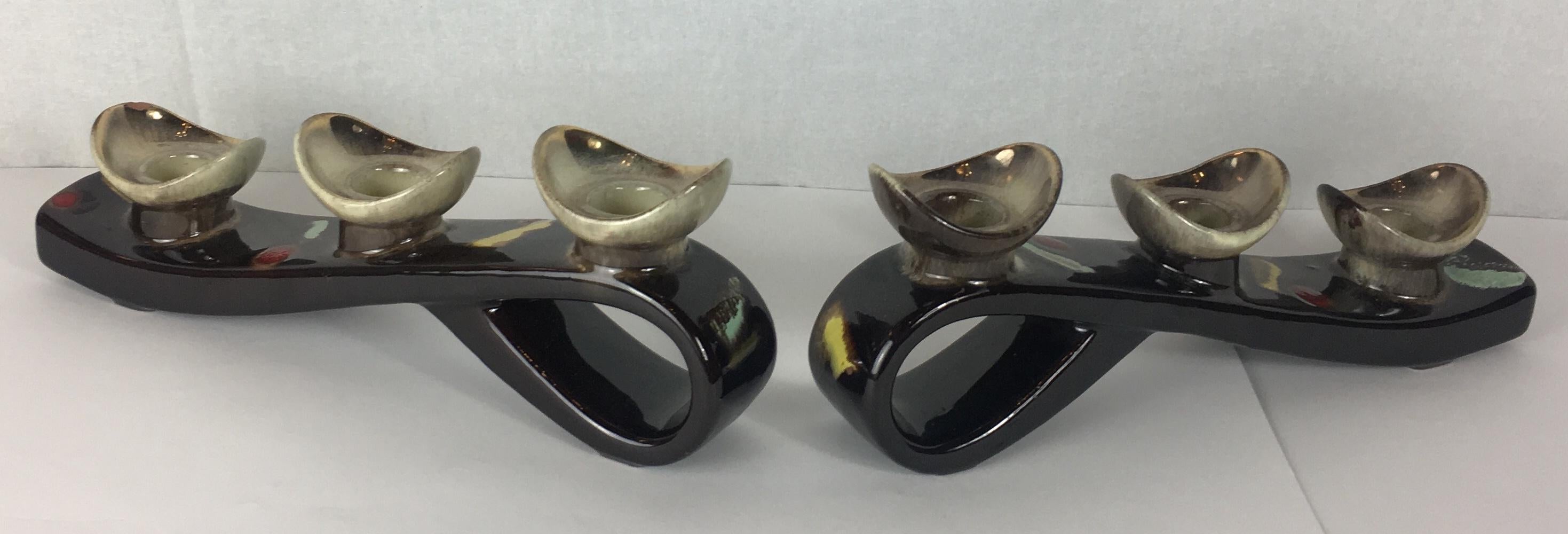 Pair of Mid-Century Modern Glazed Ceramic Candleholders, Vallauris For Sale 1