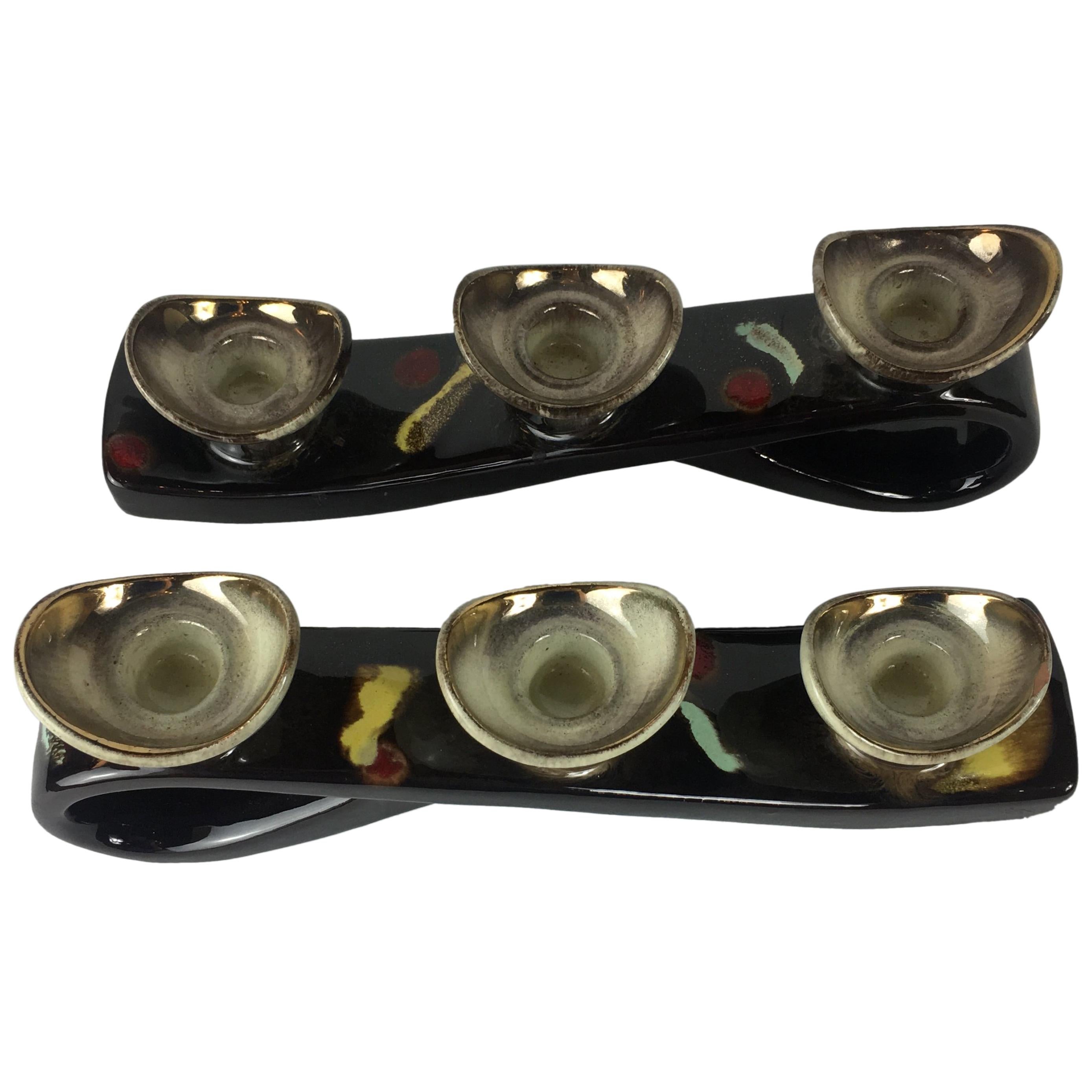 French Pair of Mid-Century Modern Glazed Ceramic Candleholders, Vallauris For Sale