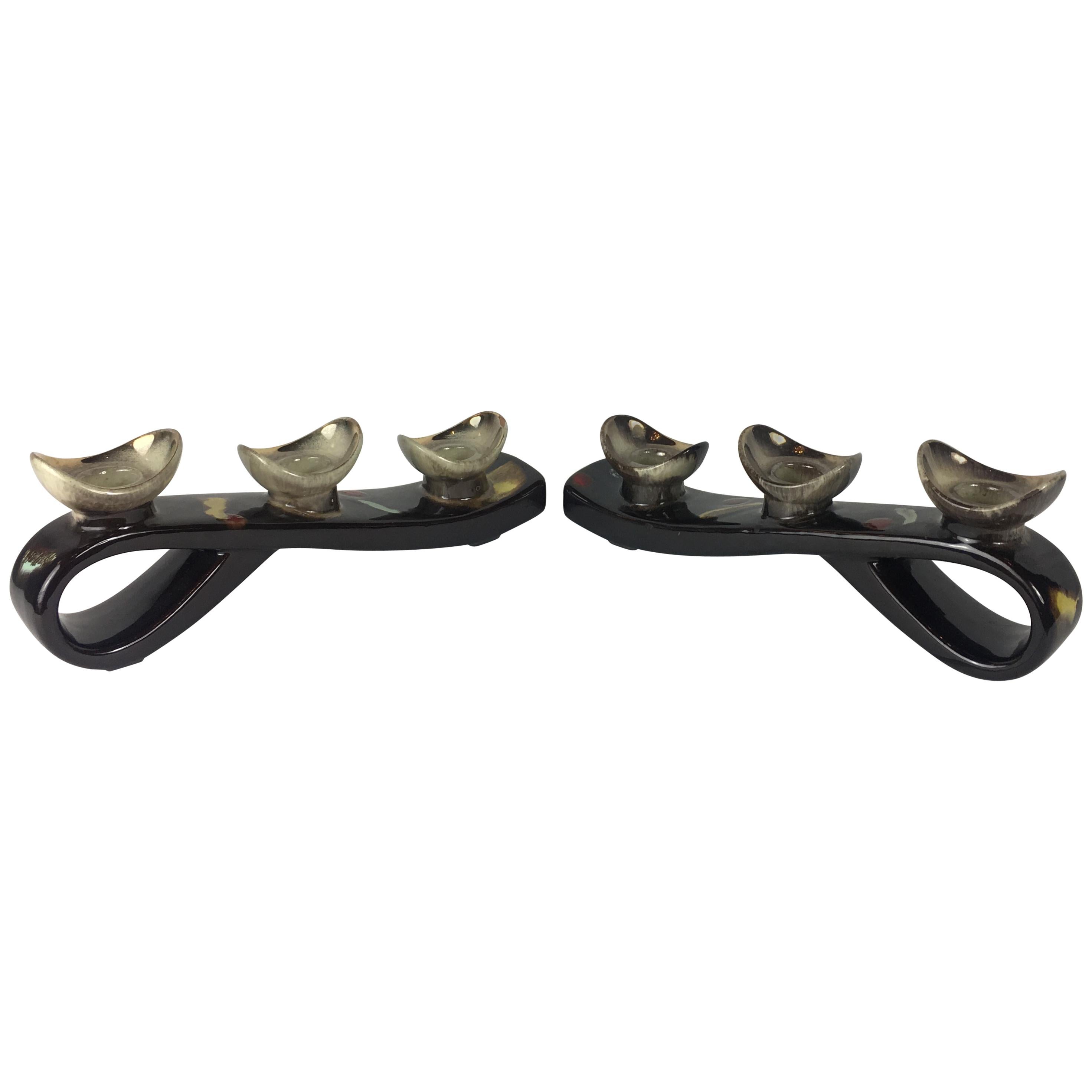 Pair of Mid-Century Modern Glazed Ceramic Candleholders, Vallauris For Sale