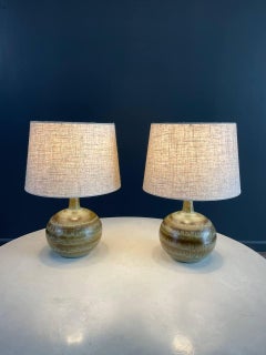 Pair of Mid-Century Modern Glazed Olive Green Ceramic Table Lamps