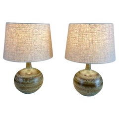 Pair of Mid-Century Modern Glazed Olive Green Ceramic Table Lamps