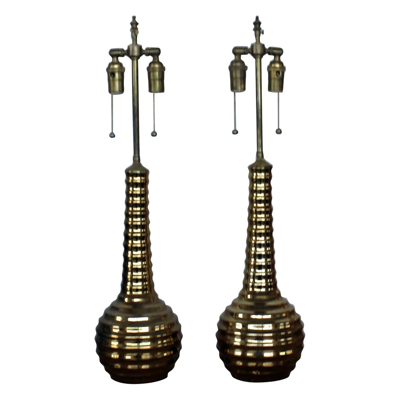Pair of Mid century modern gold glass vases with lamp application