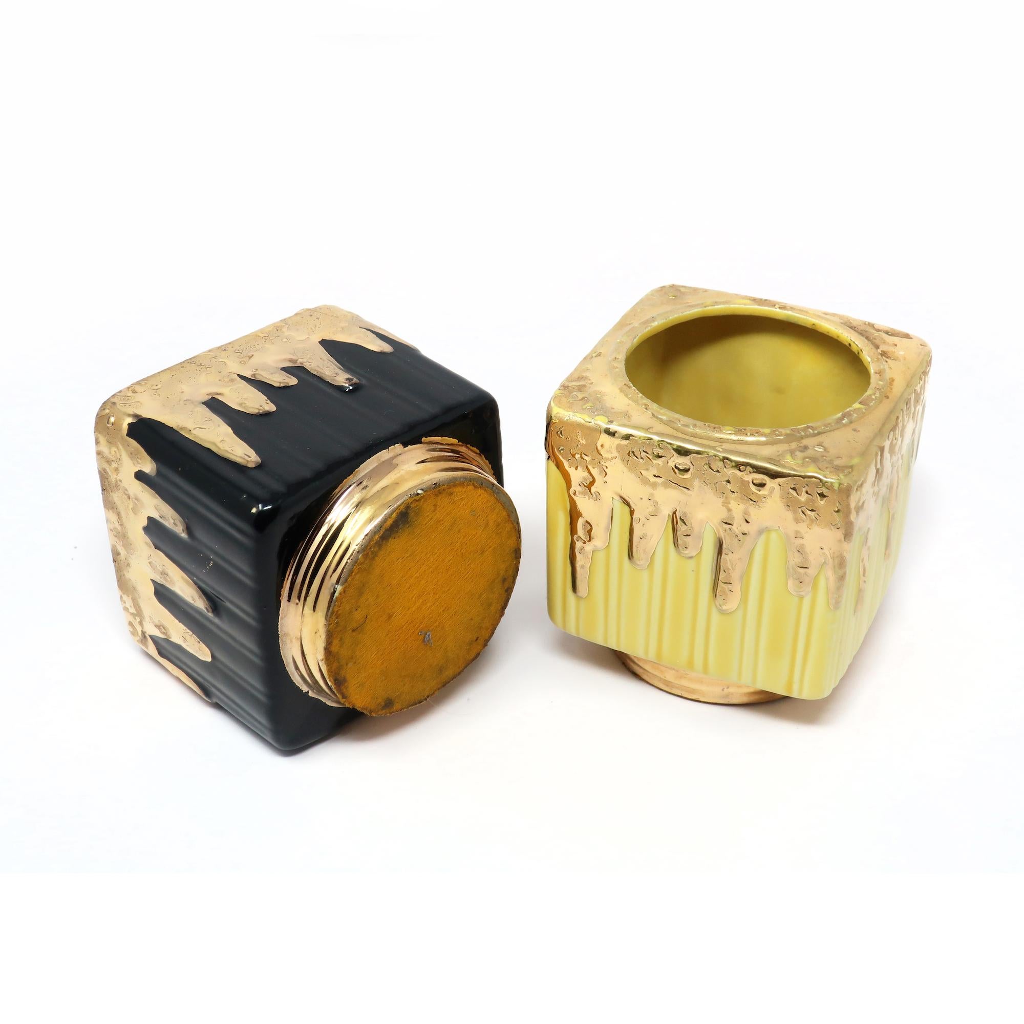 Pair of Mid-Century Modern Gold Metallic Glazed Ceramic Planters For Sale 1