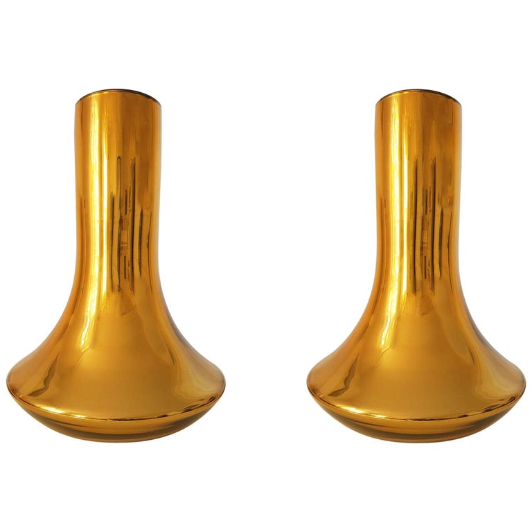 Pair Of Mid Century Modern Gold Mirrored Murano Glass Large Vases