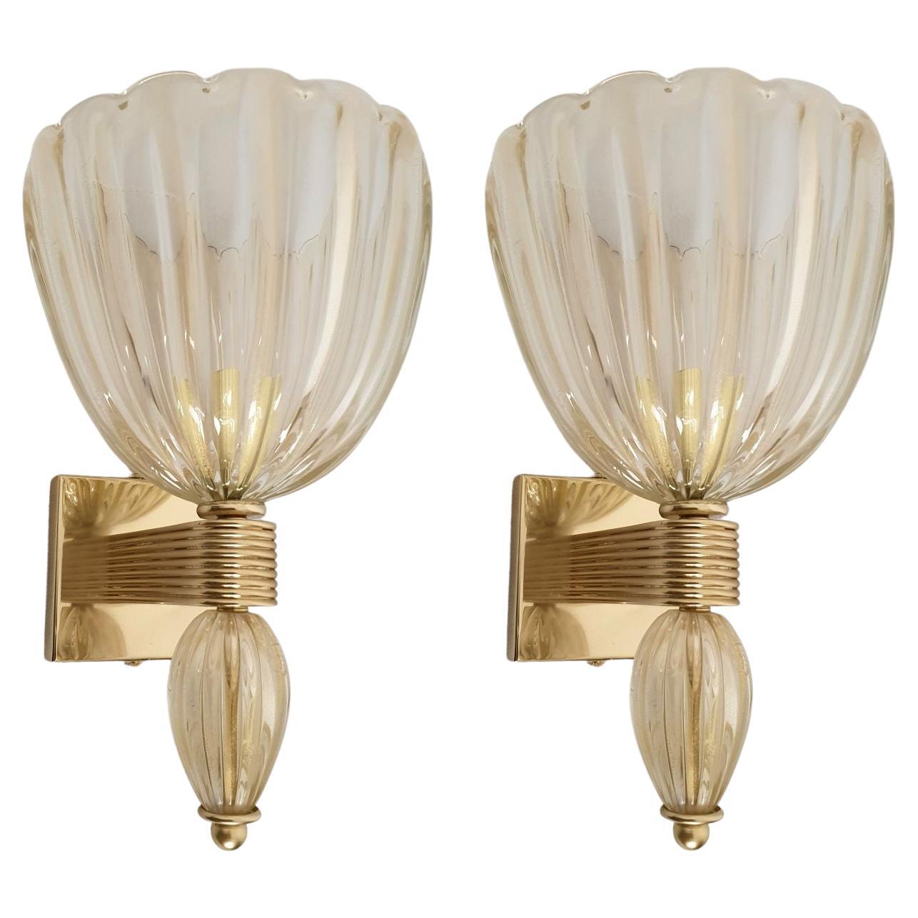 Pair of Mid-Century Modern Gold Murano Glass Sconces, Set of Four