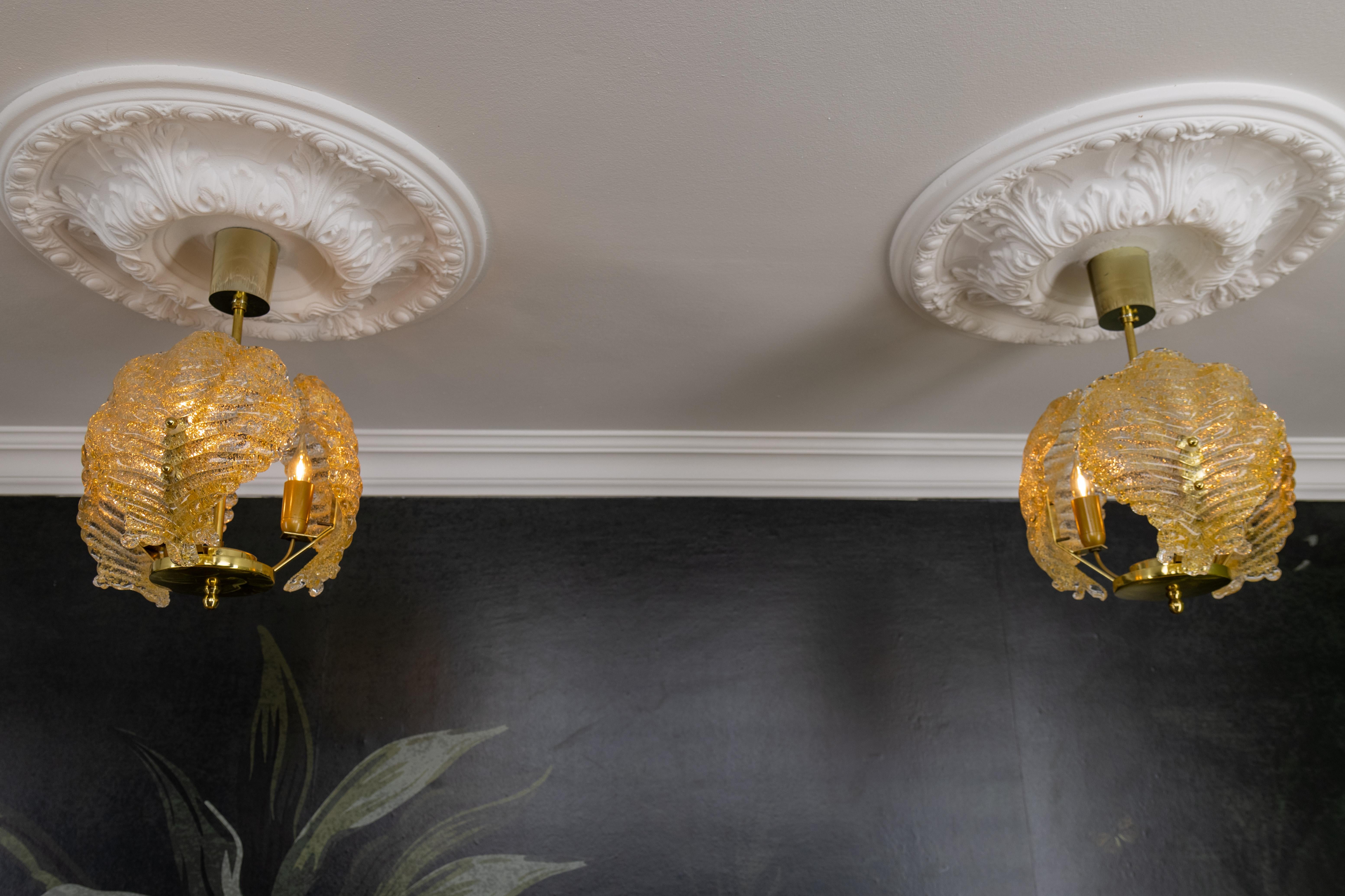 Metal Pair of Mid-Century Modern Golden Inclusions Glass Pendant Lights, 1960s For Sale
