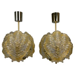Pair of Mid-Century Modern Golden Inclusions Glass Pendant Lights, 1960s