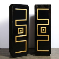 Pair of Mid-Century Modern Greek Key Custom Pedestal Cabinets by James Mont