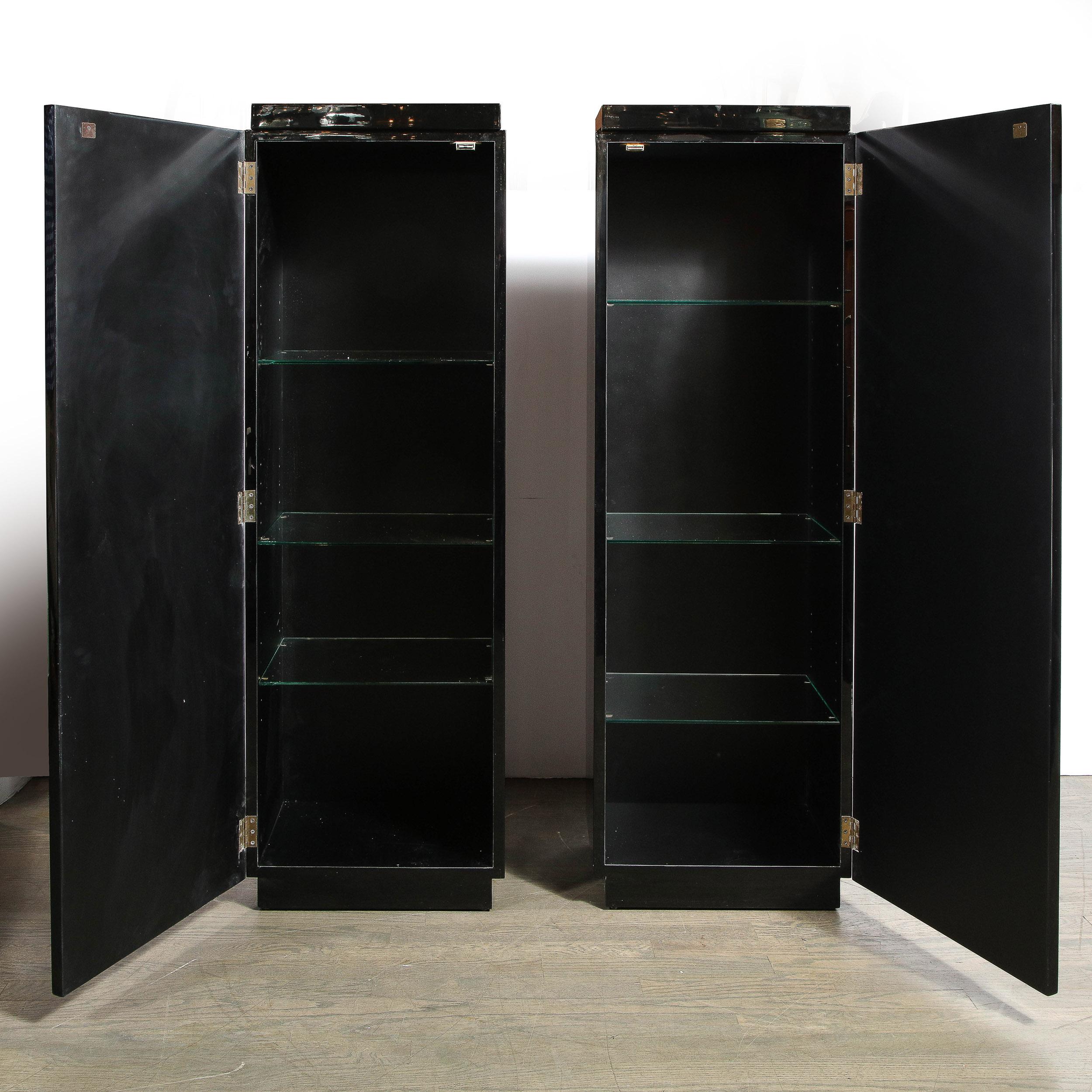 Pair of Mid-Century Modern Greek Key Custom Pedestal Cabinets by James Mont  In Excellent Condition In New York, NY